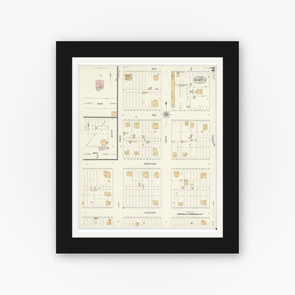 Old map wall art mockup — black gallery frame with white mat — Sanborn Fire Insurance Map from Memphis, Hall County, Texas (1908), Sheet #0002