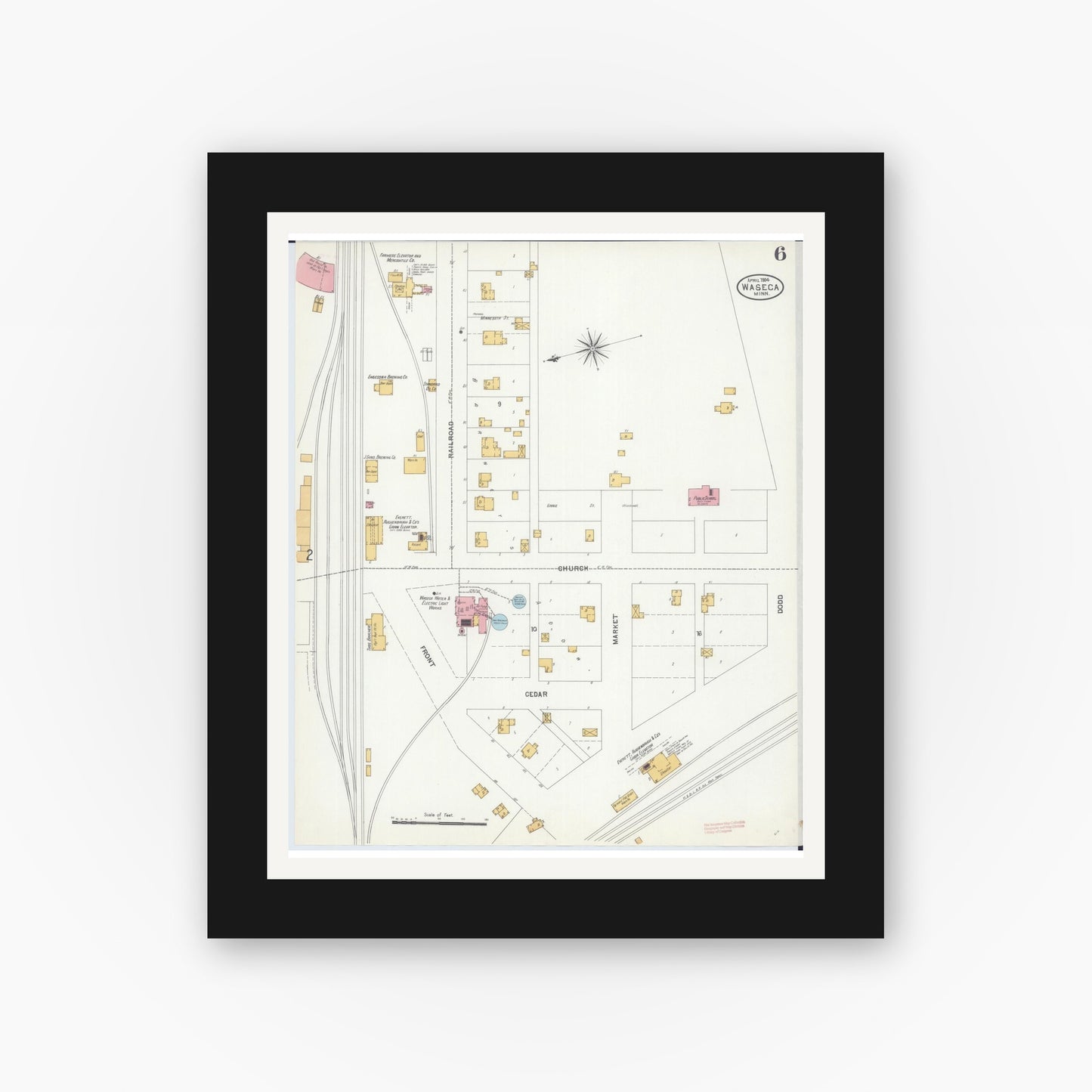 Old map wall art mockup — black gallery frame with white mat — Sanborn Fire Insurance Map from Waseca, Waseca County, Minnesota (1904), Sheet #0006