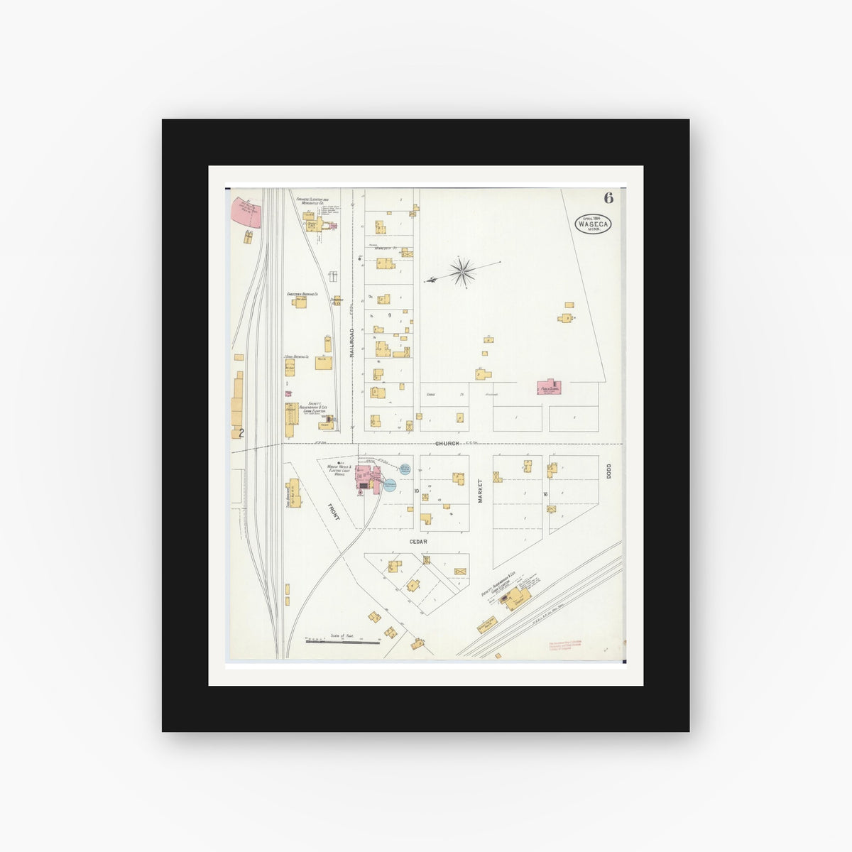 Old map wall art mockup — black gallery frame with white mat — Sanborn Fire Insurance Map from Waseca, Waseca County, Minnesota (1904), Sheet #0006
