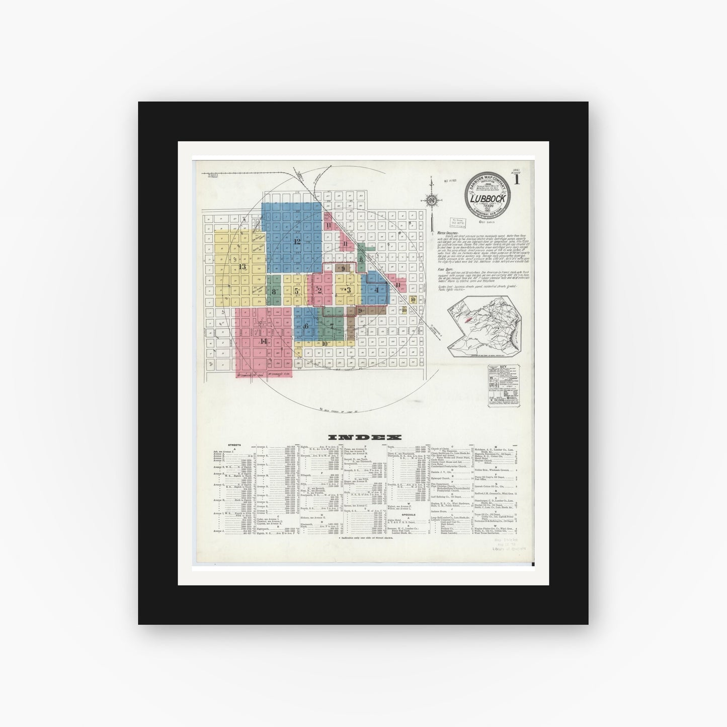 Old map wall art mockup — black gallery frame with white mat — Sanborn Fire Insurance Map from Lubbock, Lubbock County, Texas (1921), Sheet #0001