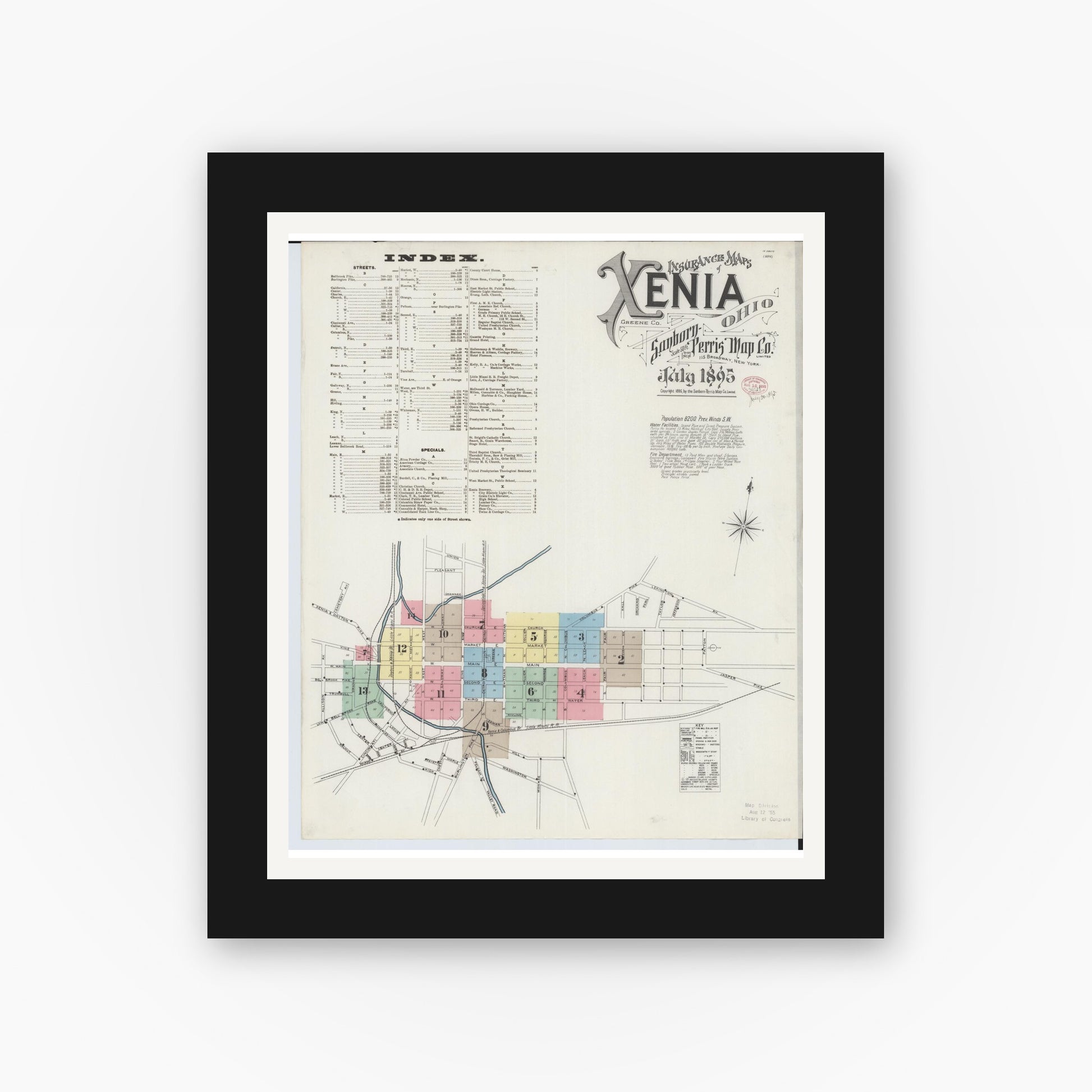 Old map wall art mockup — black gallery frame with white mat — Sanborn Fire Insurance Map from Xenia, Greene County, Ohio (1895), Sheet #0001