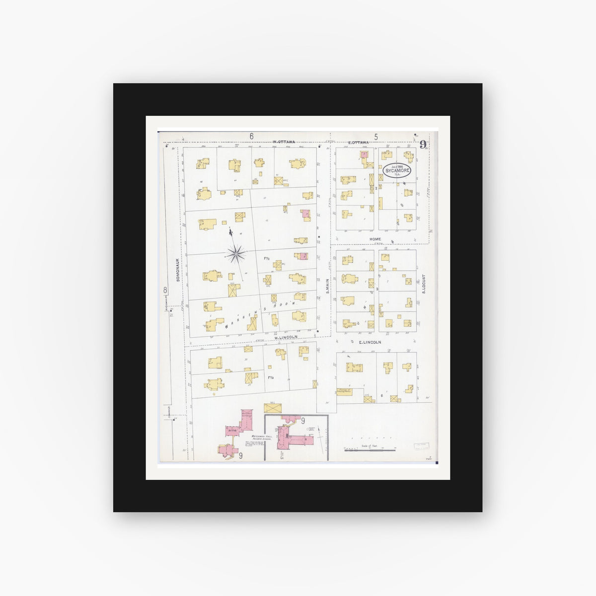 Old map wall art mockup — black gallery frame with white mat — Sanborn Fire Insurance Map from Sycamore, De Kalb County, Illinois (1905), Sheet #0009