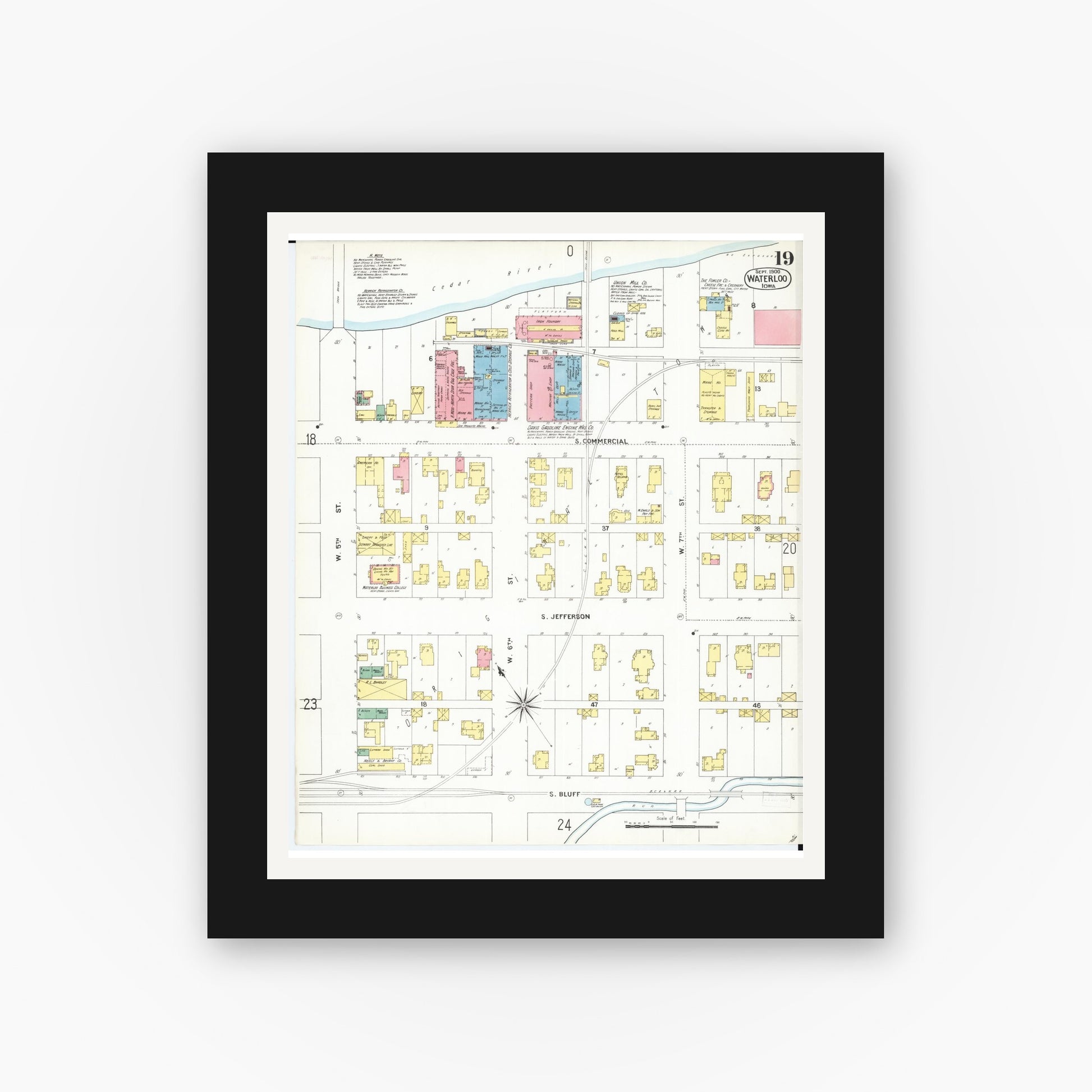 Old map wall art mockup — black gallery frame with white mat — Sanborn Fire Insurance Map from Waterloo, Black Hawk County, Iowa (1900), Sheet #0019