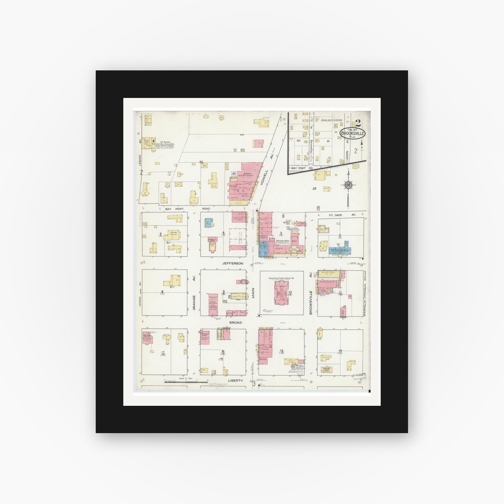 Old map wall art mockup — black gallery frame with white mat — Sanborn Fire Insurance Map from Brooksville, Hernando County, Florida (1917), Sheet #0002