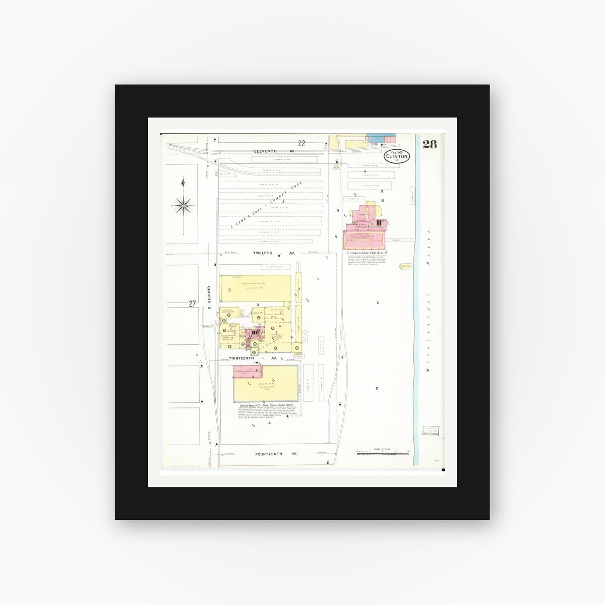 Old map wall art mockup — black gallery frame with white mat — Sanborn Fire Insurance Map from Clinton, Clinton County, Iowa (1909), Sheet #0028