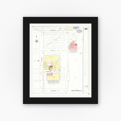 Old map wall art mockup — black gallery frame with white mat — Sanborn Fire Insurance Map from Clinton, Clinton County, Iowa (1909), Sheet #0028