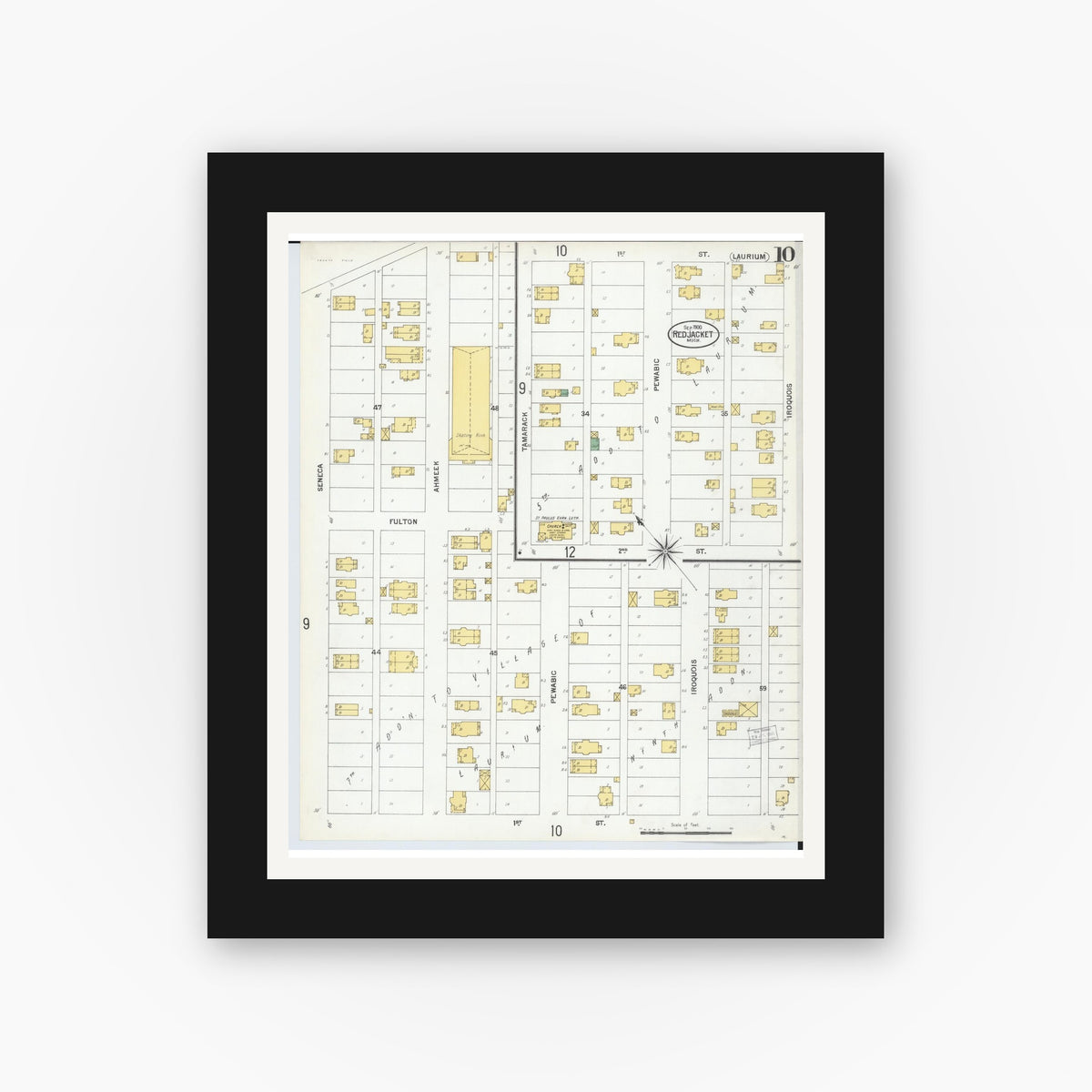 Old map wall art mockup — black gallery frame with white mat — Sanborn Fire Insurance Map from Red Jacket, Houghton County, Michigan (1900), Sheet #0010