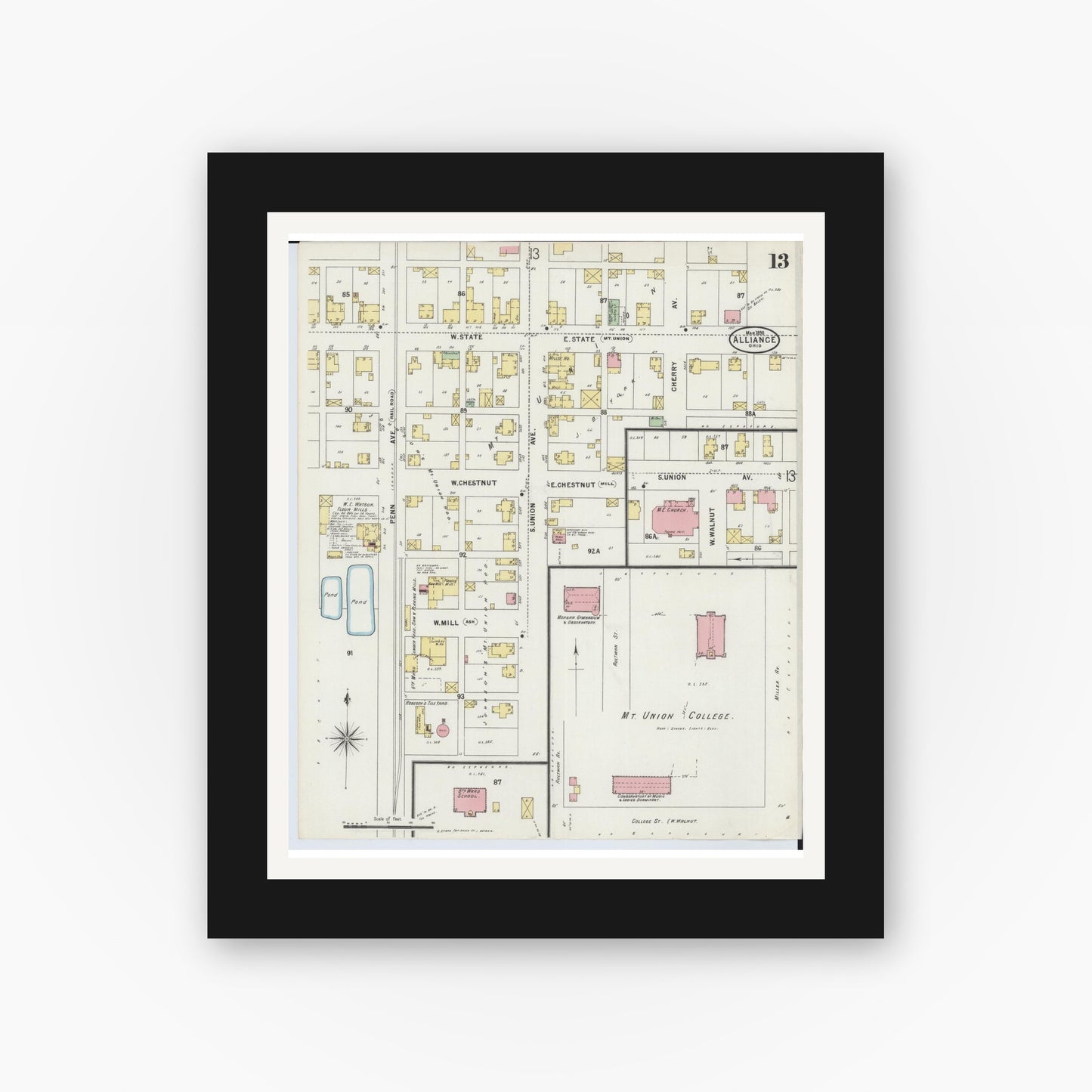 Old map wall art mockup — black gallery frame with white mat — Sanborn Fire Insurance Map from Alliance, Stark County, Ohio (1898), Sheet #0013