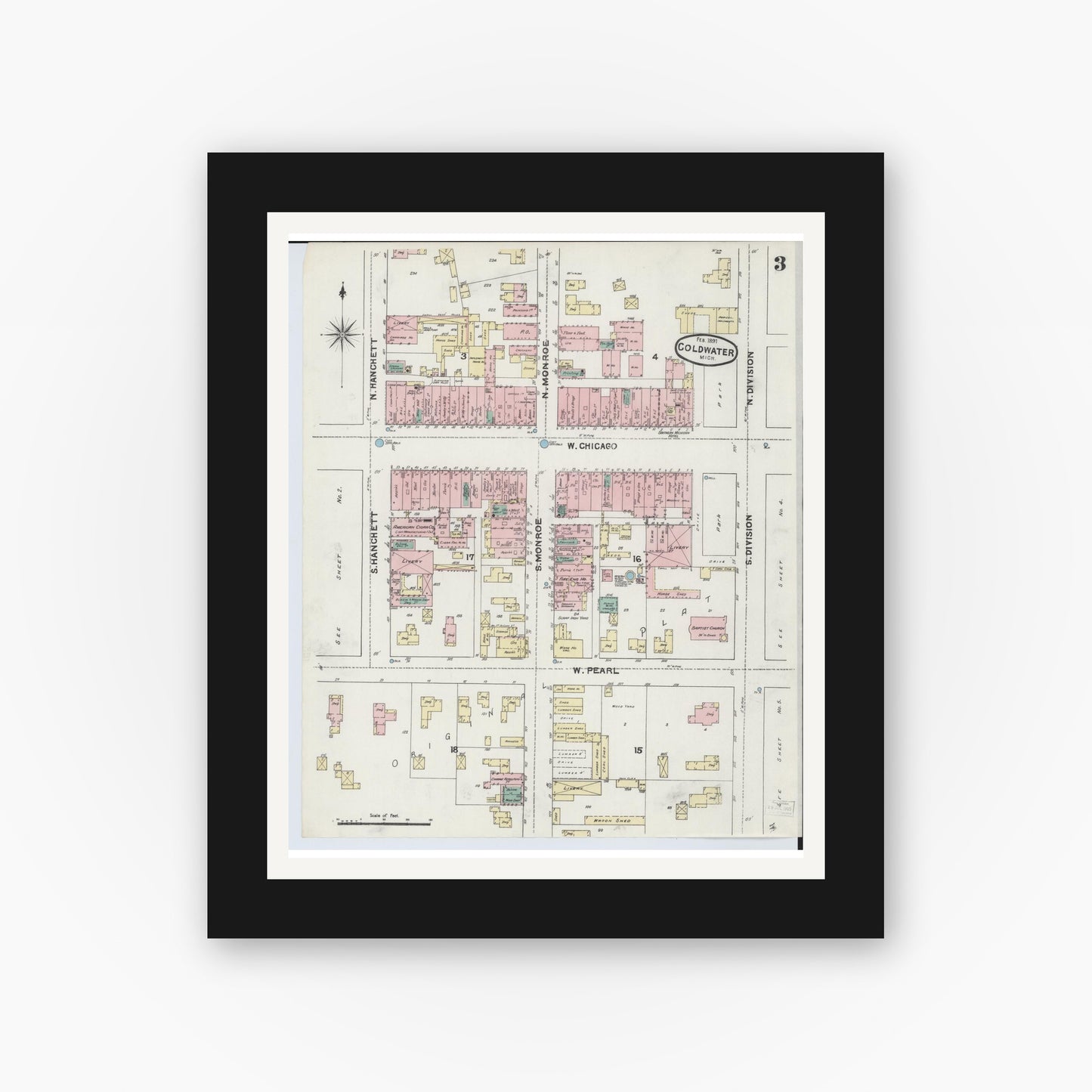 Old map wall art mockup — black gallery frame with white mat — Sanborn Fire Insurance Map from Coldwater, Branch County, Michigan (1891), Sheet #0003