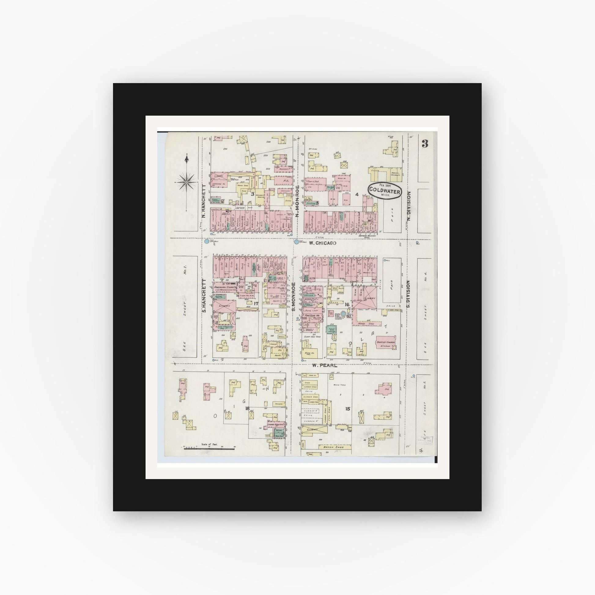 Old map wall art mockup — black gallery frame with white mat — Sanborn Fire Insurance Map from Coldwater, Branch County, Michigan (1891), Sheet #0003