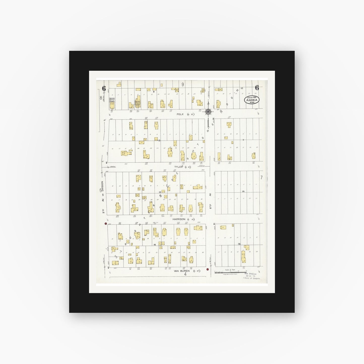Old map wall art mockup — black gallery frame with white mat — Sanborn Fire Insurance Map from Anoka, Anoka County, Minnesota (1925), Sheet #0006