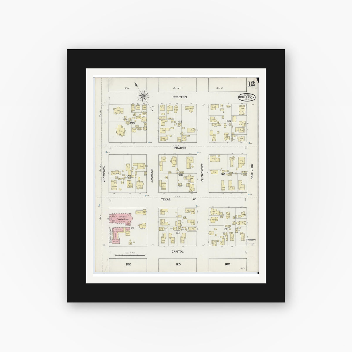 Old map wall art mockup — black gallery frame with white mat — Sanborn Fire Insurance Map from Houston, Harris County, Texas (1890), Sheet #0012
