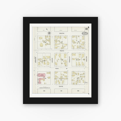 Old map wall art mockup — black gallery frame with white mat — Sanborn Fire Insurance Map from Houston, Harris County, Texas (1890), Sheet #0012