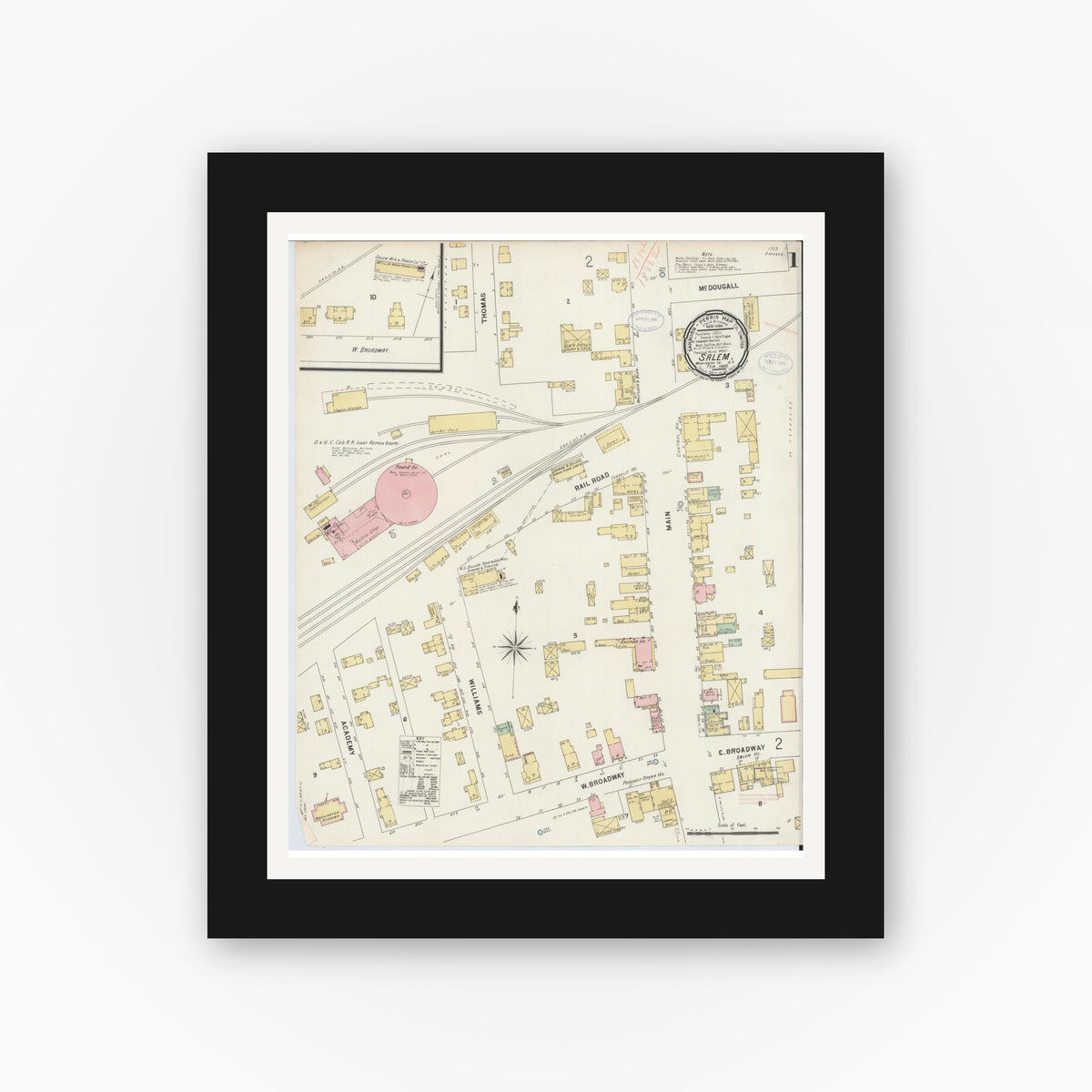 Old map wall art mockup — black gallery frame with white mat — Sanborn Fire Insurance Map from Salem, Washington County, New York (1898) - Complete Map Set