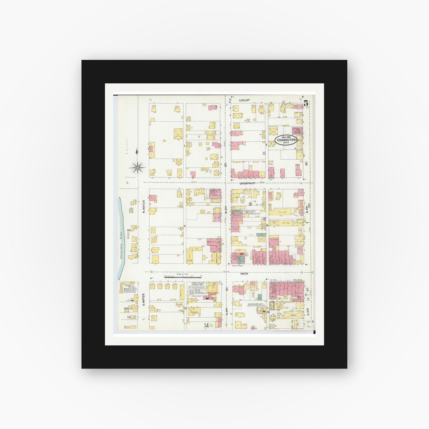 Old map wall art mockup — black gallery frame with white mat — Sanborn Fire Insurance Map from Coshocton, Coshocton County, Ohio (1905), Sheet #0005