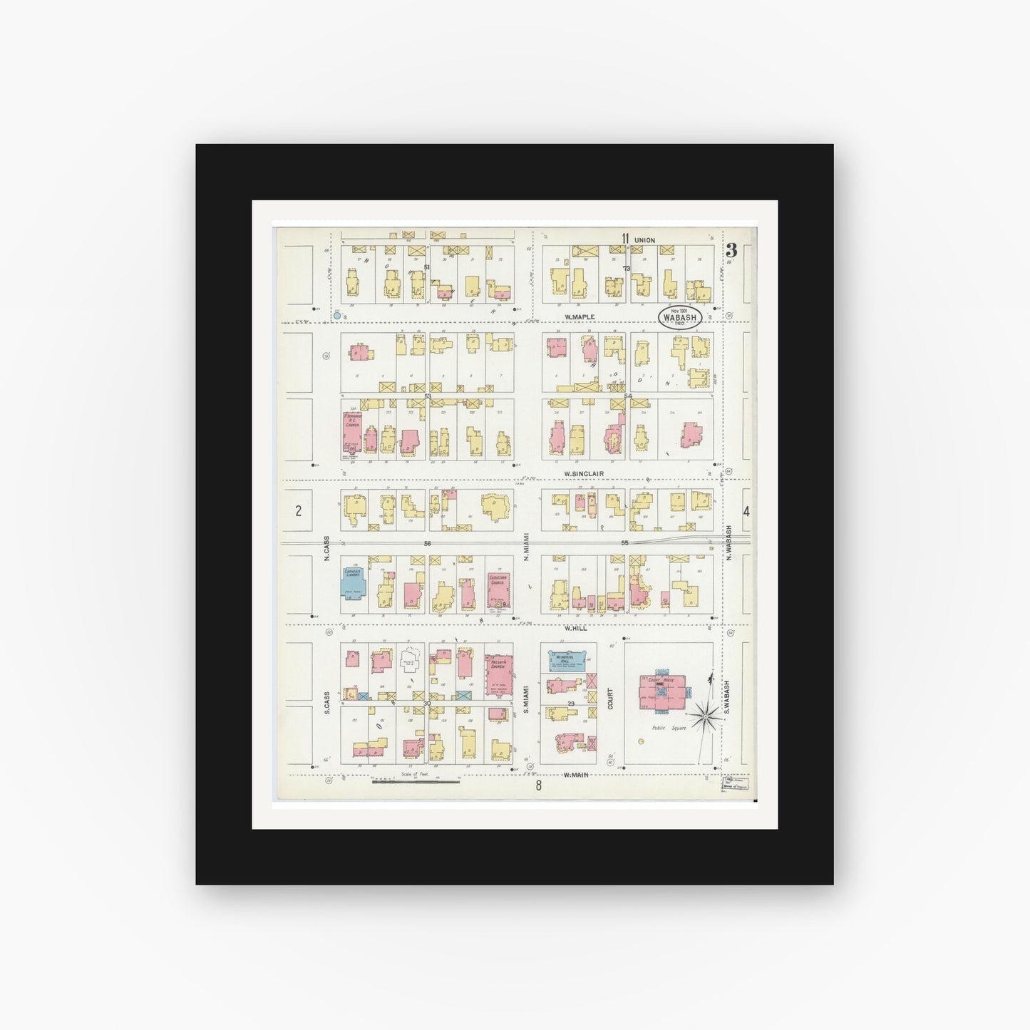 Old map wall art mockup — black gallery frame with white mat — Sanborn Fire Insurance Map from Wabash, Wabash County, Indiana (1901), Sheet #0003