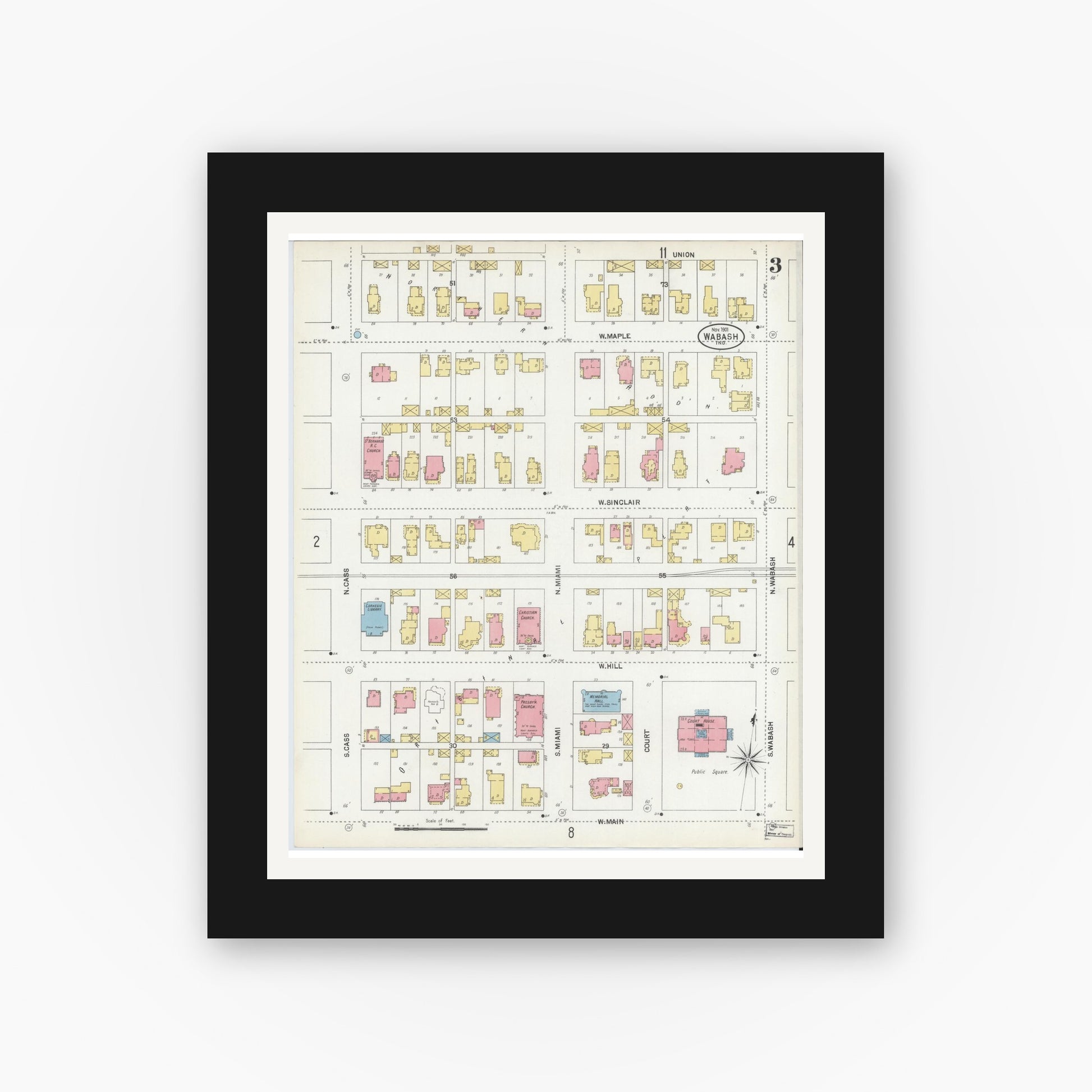 Old map wall art mockup — black gallery frame with white mat — Sanborn Fire Insurance Map from Wabash, Wabash County, Indiana (1901), Sheet #0003