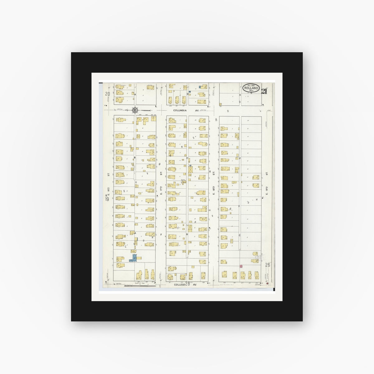 Old map wall art mockup — black gallery frame with white mat — Sanborn Fire Insurance Map from Holland, Ottawa County, Michigan (1916), Sheet #0021
