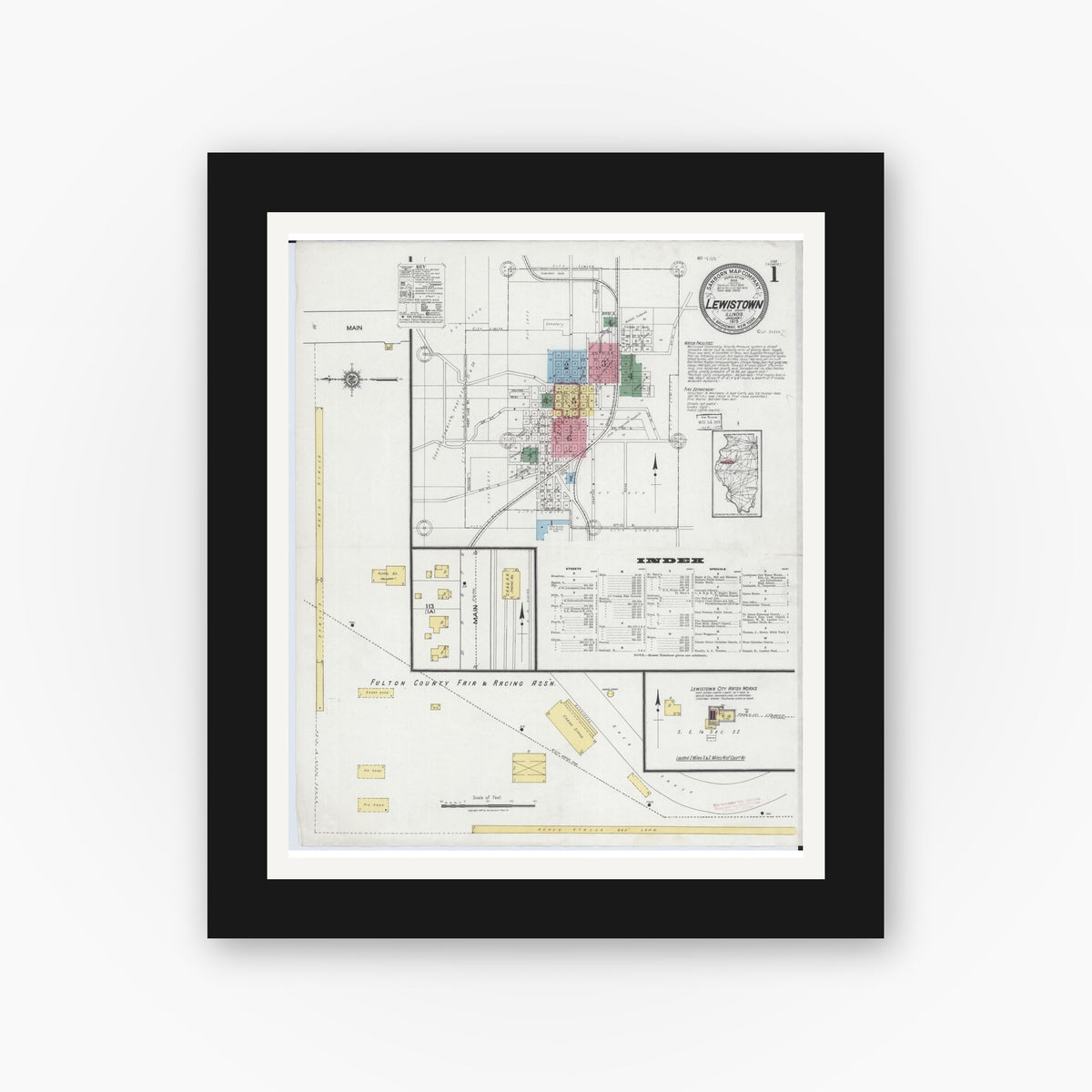 Old map wall art mockup — black gallery frame with white mat — Sanborn Fire Insurance Map from Lewistown, Fulton County, Illinois (1919) - Complete Map Set