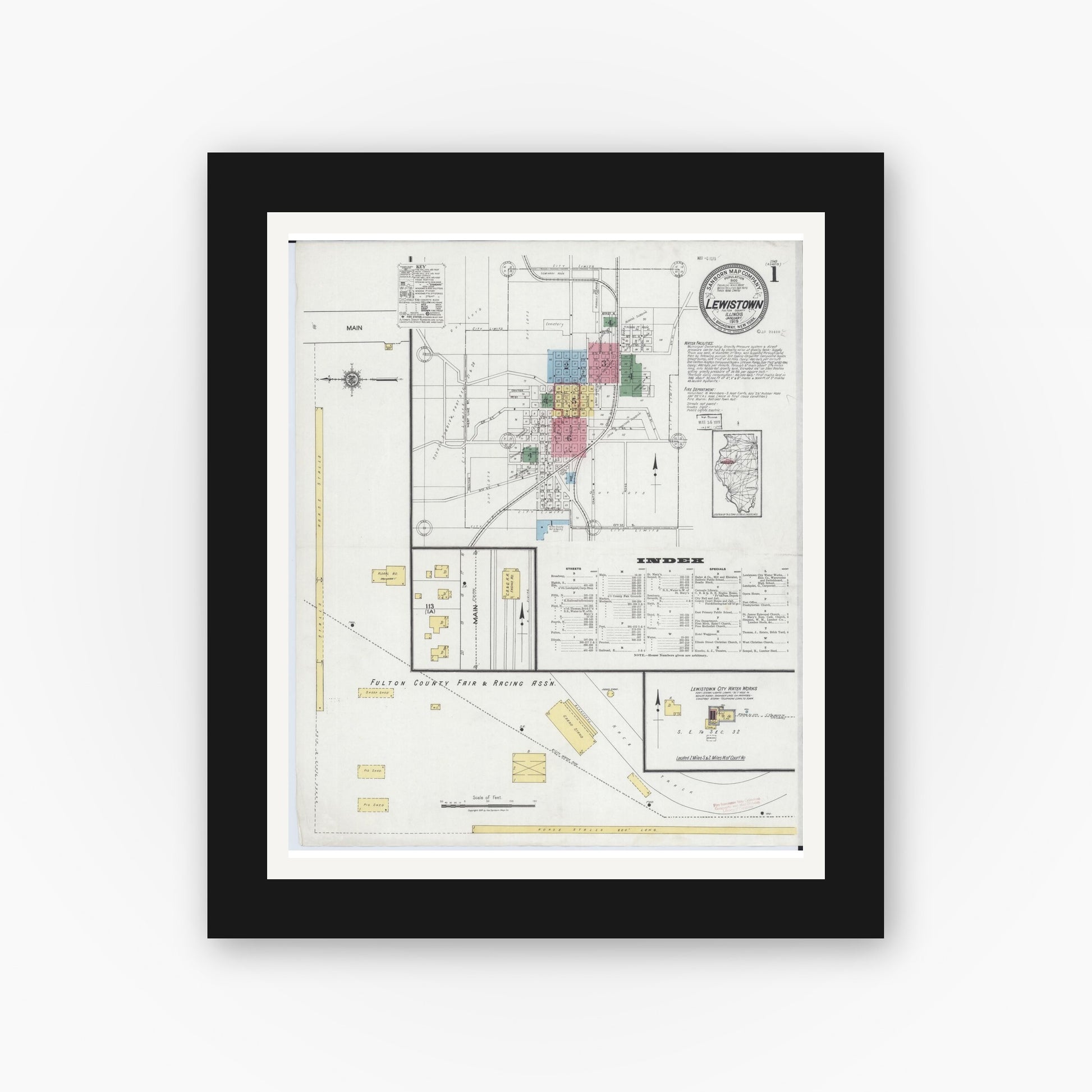 Old map wall art mockup — black gallery frame with white mat — Sanborn Fire Insurance Map from Lewistown, Fulton County, Illinois (1919) - Complete Map Set