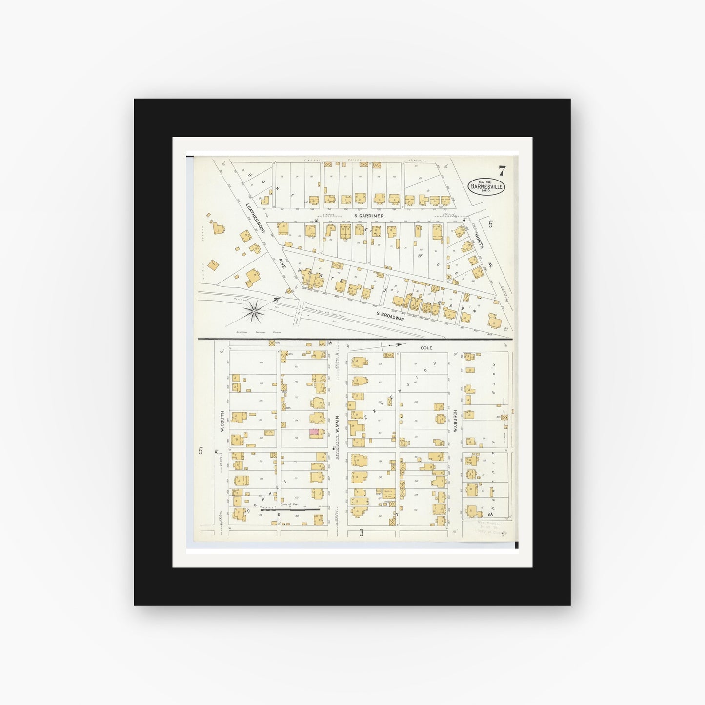 Old map wall art mockup — black gallery frame with white mat — Sanborn Fire Insurance Map from Barnesville, Belmont County, Ohio (1908), Sheet #0007
