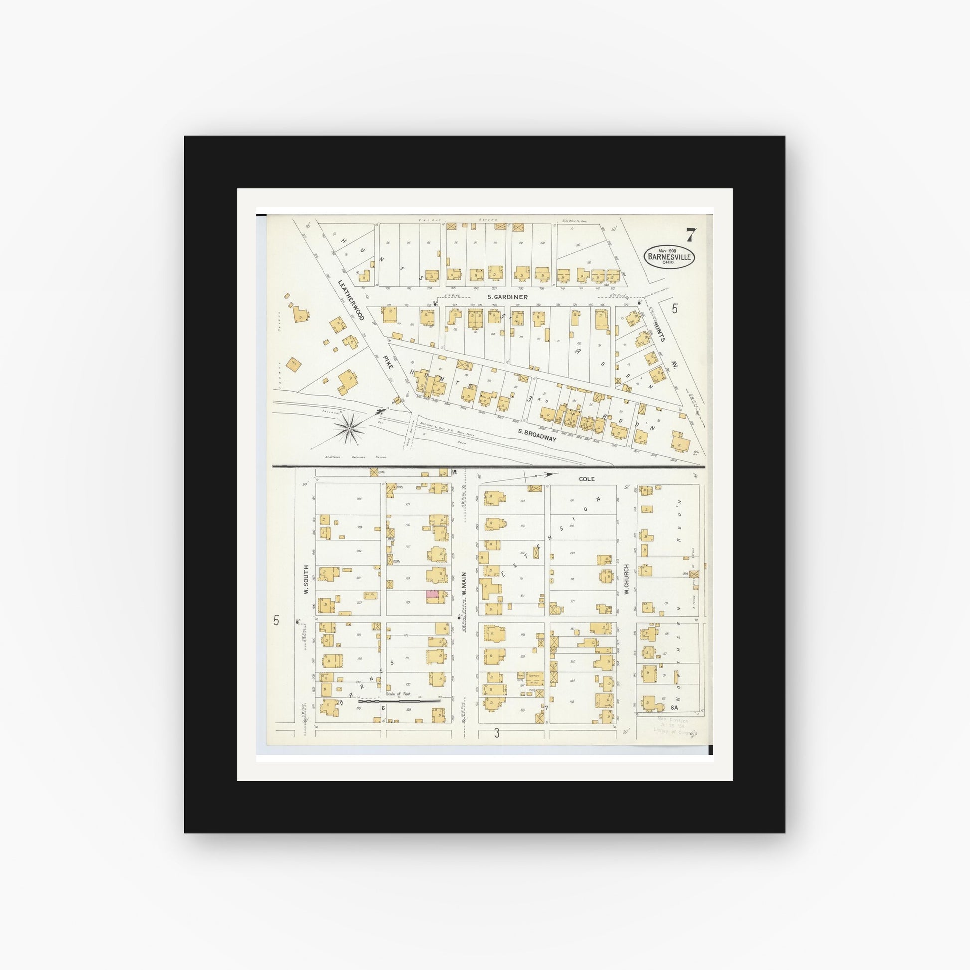 Old map wall art mockup — black gallery frame with white mat — Sanborn Fire Insurance Map from Barnesville, Belmont County, Ohio (1908), Sheet #0007