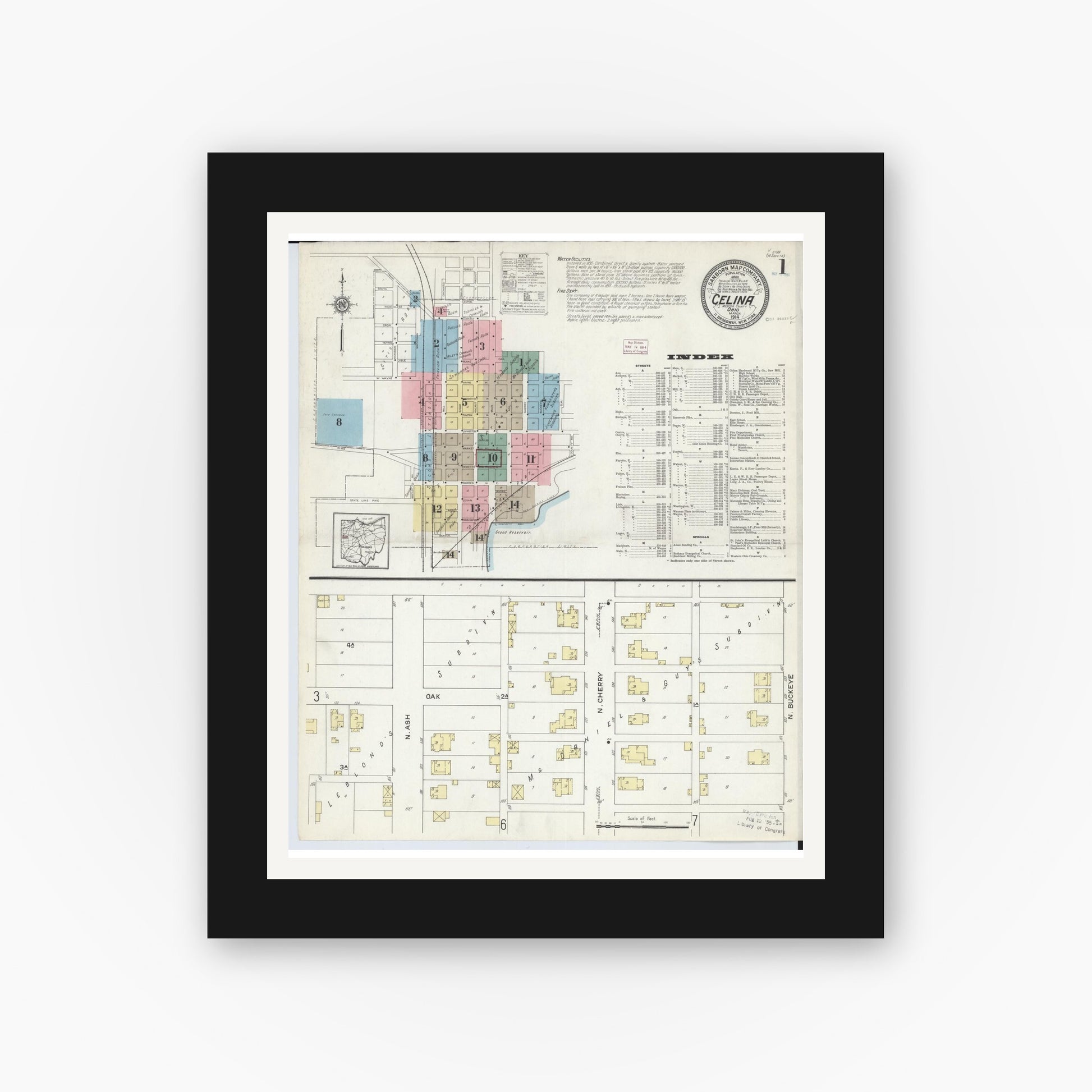 Old map wall art mockup — black gallery frame with white mat — Sanborn Fire Insurance Map from Celina, Mercer County, Ohio (1914), Sheet #0001