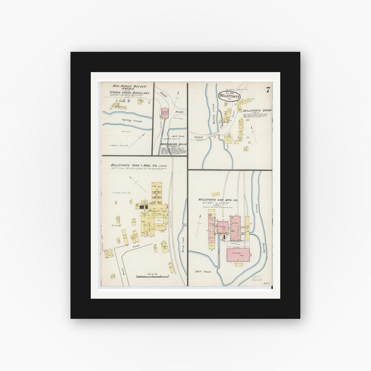 Old map wall art mockup — black gallery frame with white mat — Sanborn Fire Insurance Map from Bellefonte, Centre County, Pennsylvania (1887), Sheet #0007