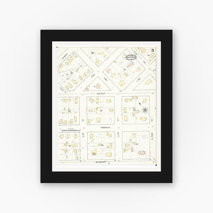Old map wall art mockup — black gallery frame with white mat — Sanborn Fire Insurance Map from Waterloo, Black Hawk County, Iowa (1892), Sheet #0003