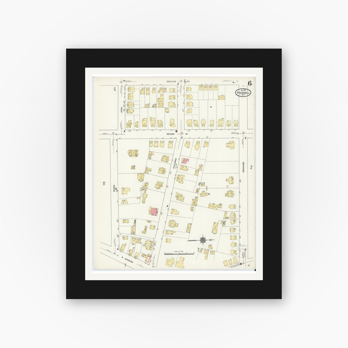 Old map wall art mockup — black gallery frame with white mat — Sanborn Fire Insurance Map from Peekskill, Westchester County, New York (1911), Sheet #0006