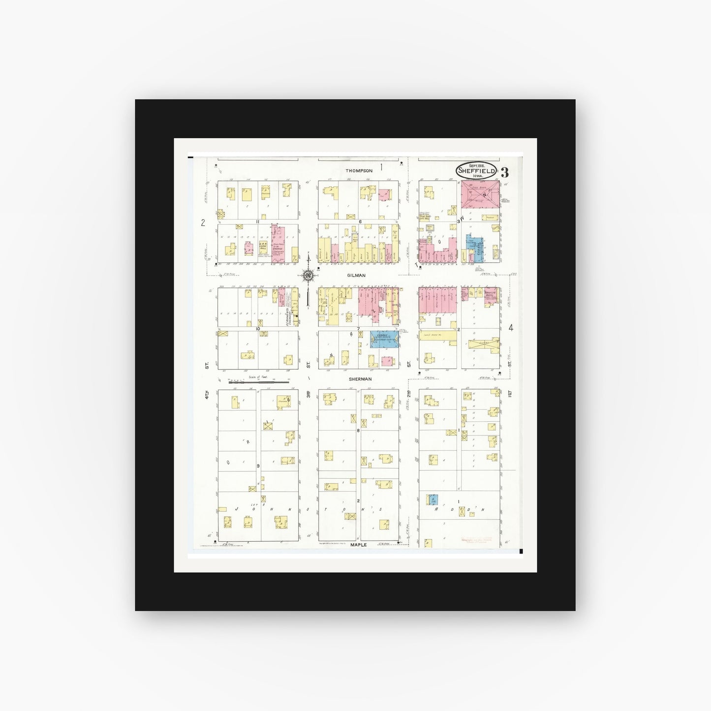 Old map wall art mockup — black gallery frame with white mat — Sanborn Fire Insurance Map from Sheffield, Franklin County, Iowa (1916), Sheet #0003