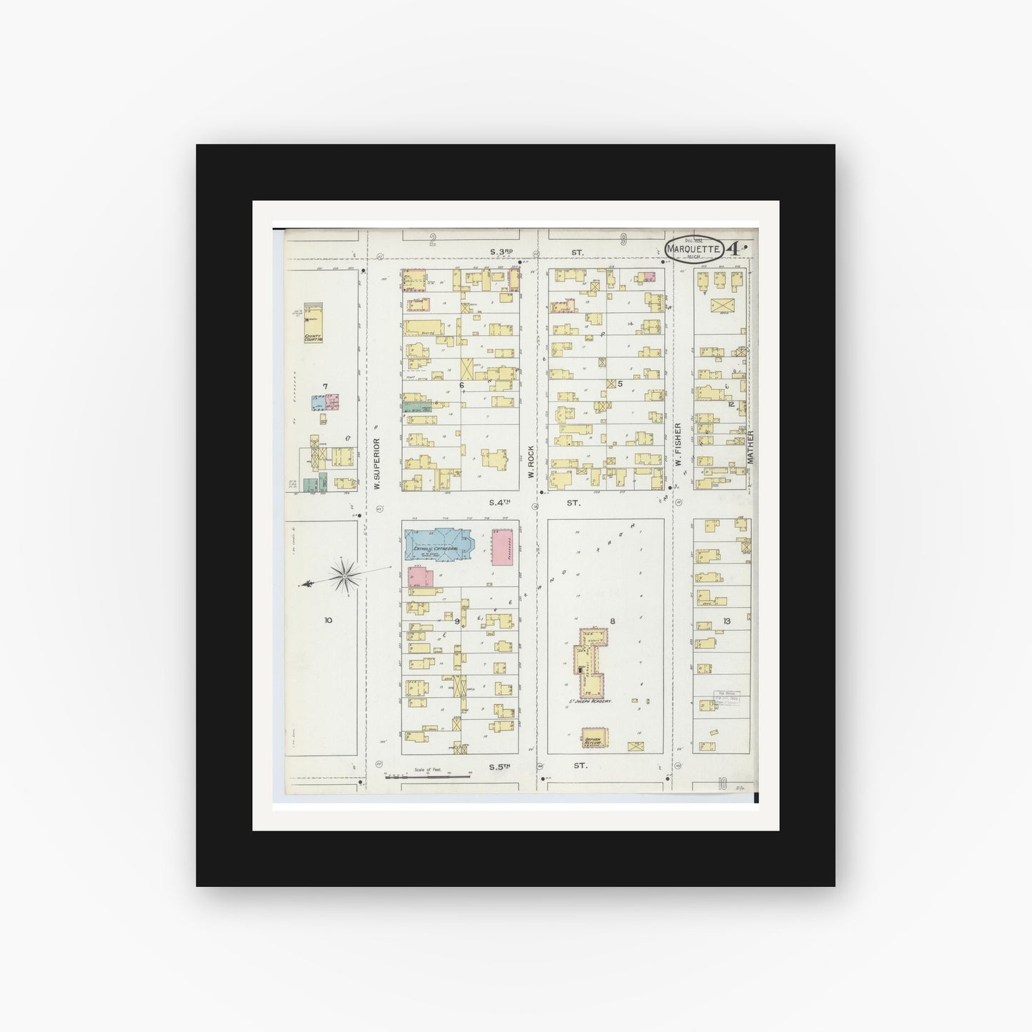 Old map wall art mockup — black gallery frame with white mat — Sanborn Fire Insurance Map from Marquette, Marquette County, Michigan (1892), Sheet #0004