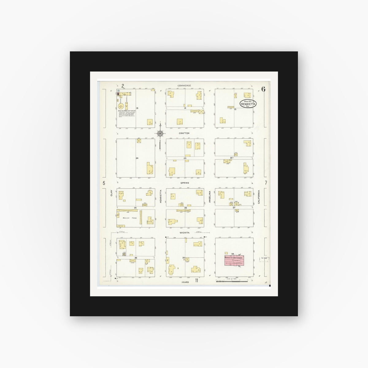 Old map wall art mockup — black gallery frame with white mat — Sanborn Fire Insurance Map from Henrietta, Clay County, Texas (1912), Sheet #0006
