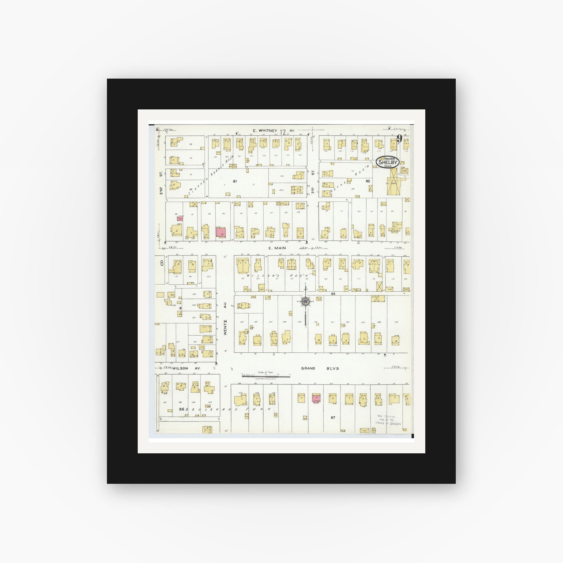 Old map wall art mockup — black gallery frame with white mat — Sanborn Fire Insurance Map from Shelby, Richland County, Ohio (1919), Sheet #0009