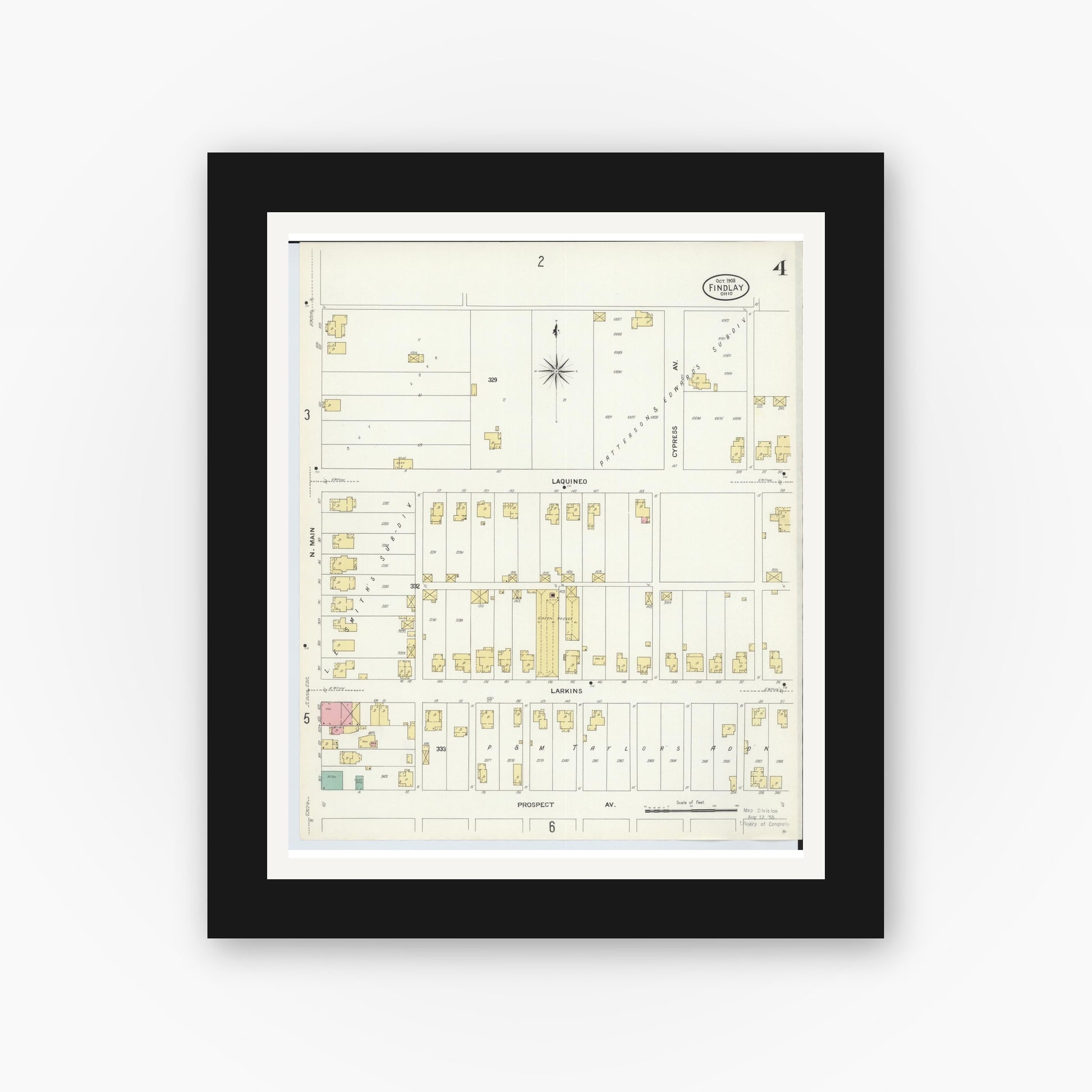 Old map wall art mockup — black gallery frame with white mat — Sanborn Fire Insurance Map from Findlay, Hancock County, Ohio (1908), Sheet #0004