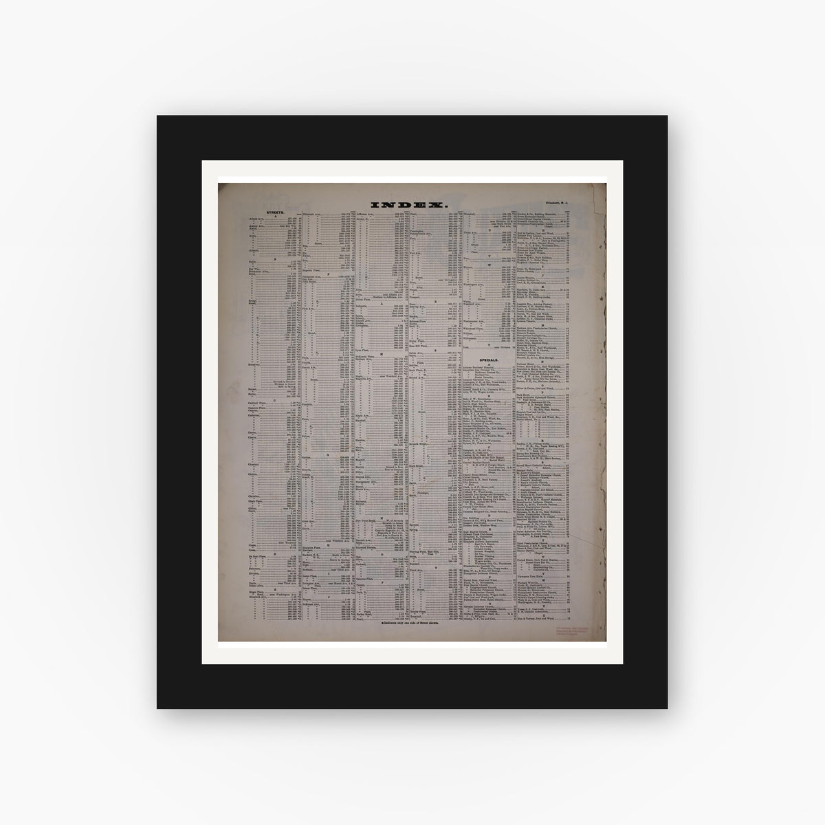 Old map wall art mockup — black gallery frame with white mat — Sanborn Fire Insurance Map from Elizabeth, Union County, New Jersey (1903), Sheet #0001