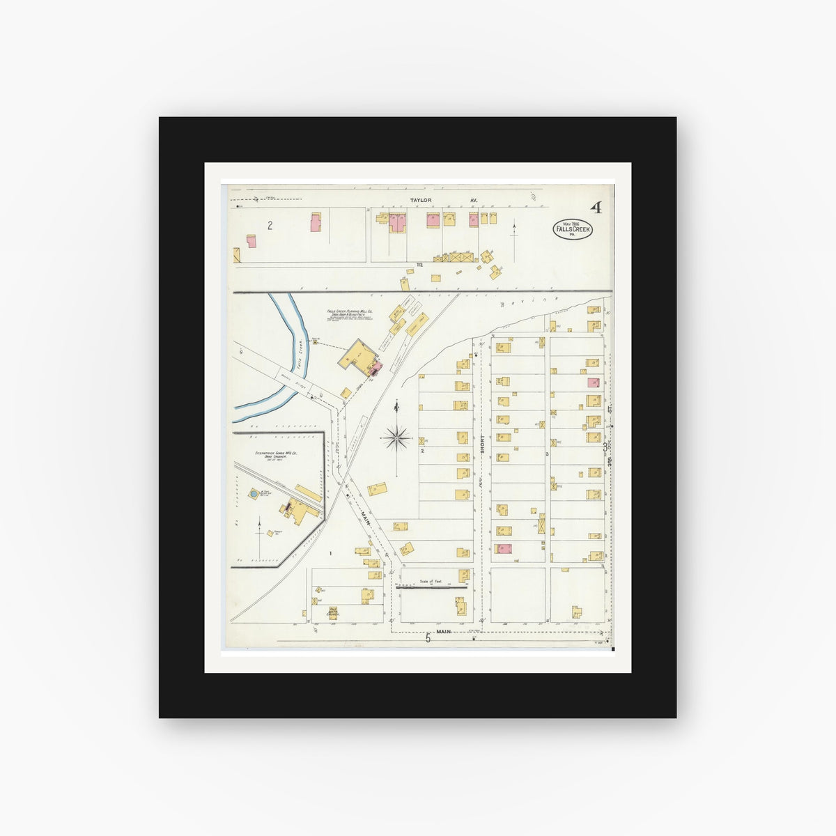Old map wall art mockup — black gallery frame with white mat — Sanborn Fire Insurance Map from Falls Creek, Jefferson And Clearfield Counties, Pennsylvania (1906), Sheet #0004