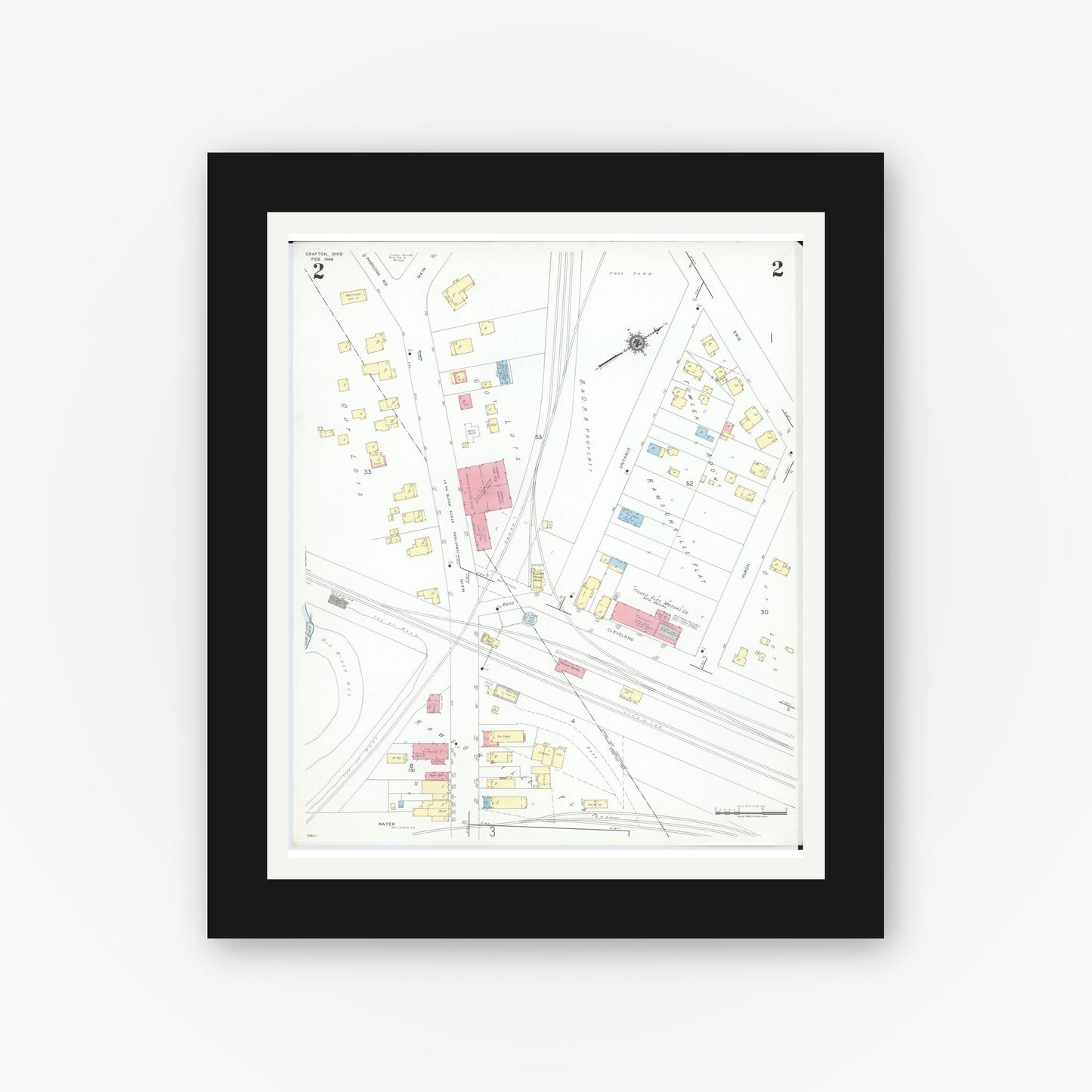 Old map wall art mockup — black gallery frame with white mat — Sanborn Fire Insurance Map from Grafton, Lorain County, Ohio (1946), Sheet #0002