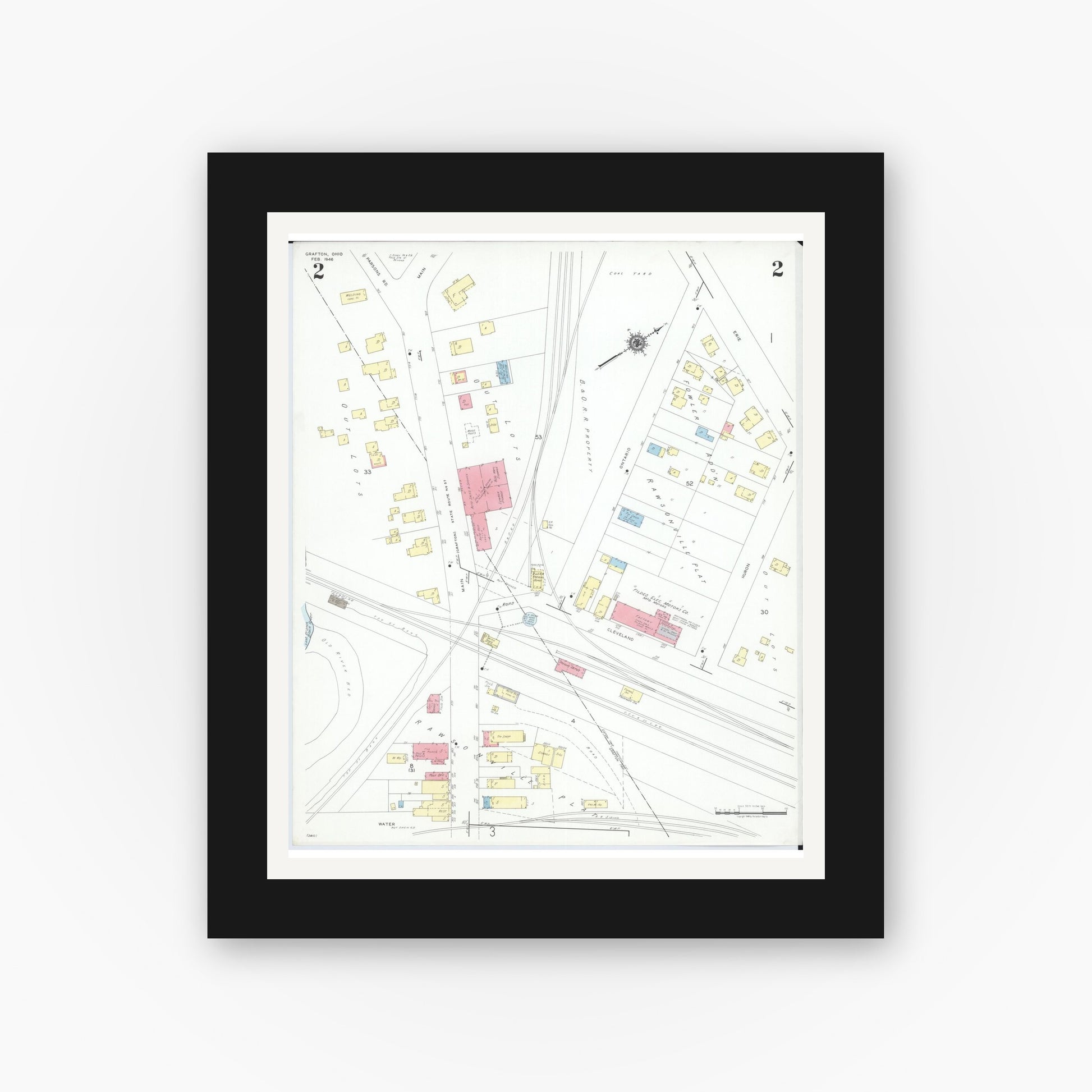Old map wall art mockup — black gallery frame with white mat — Sanborn Fire Insurance Map from Grafton, Lorain County, Ohio (1946), Sheet #0002