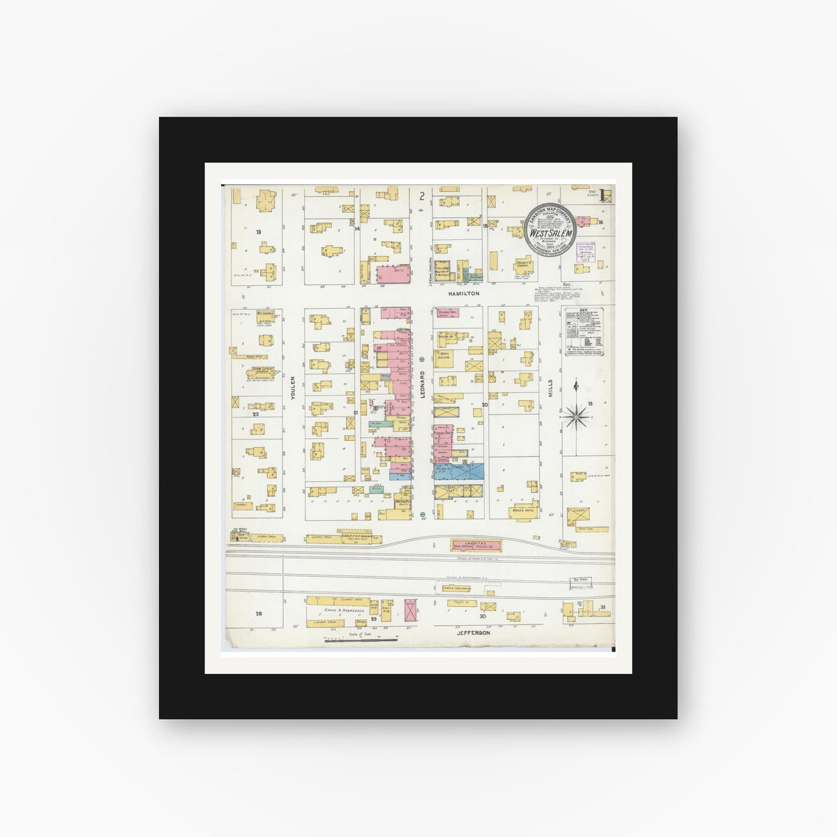 Old map wall art mockup — black gallery frame with white mat — Sanborn Fire Insurance Map from West Salem, La Crosse County, Wisconsin (1904), Sheet #0001