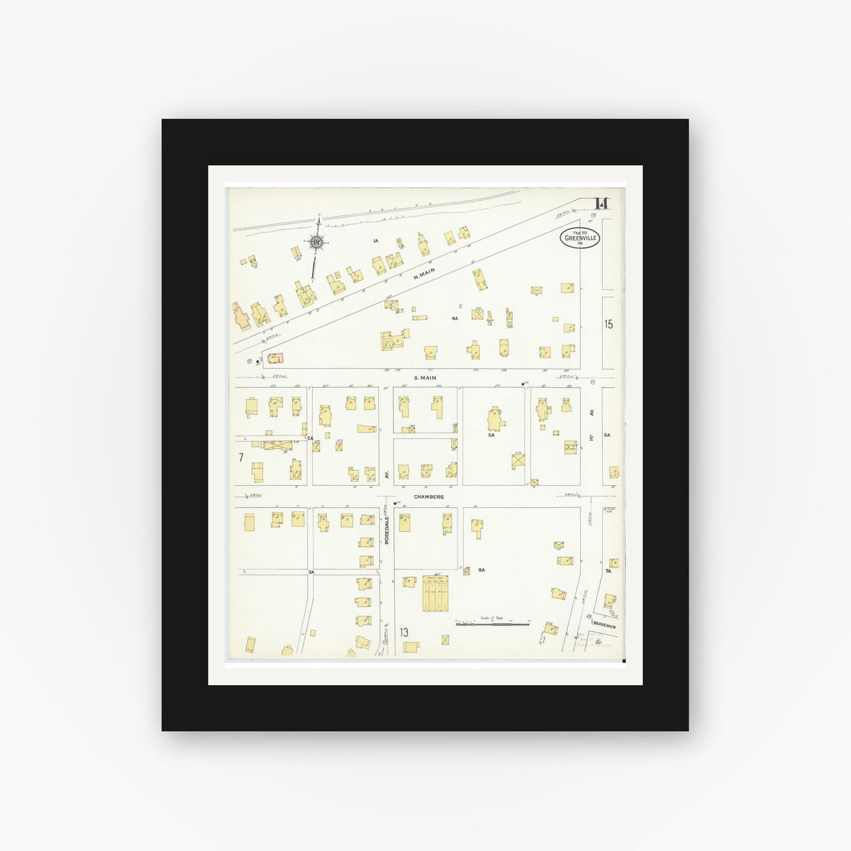 Old map wall art mockup — black gallery frame with white mat — Sanborn Fire Insurance Map from Greenville, Mercer County, Pennsylvania (1911), Sheet #0014
