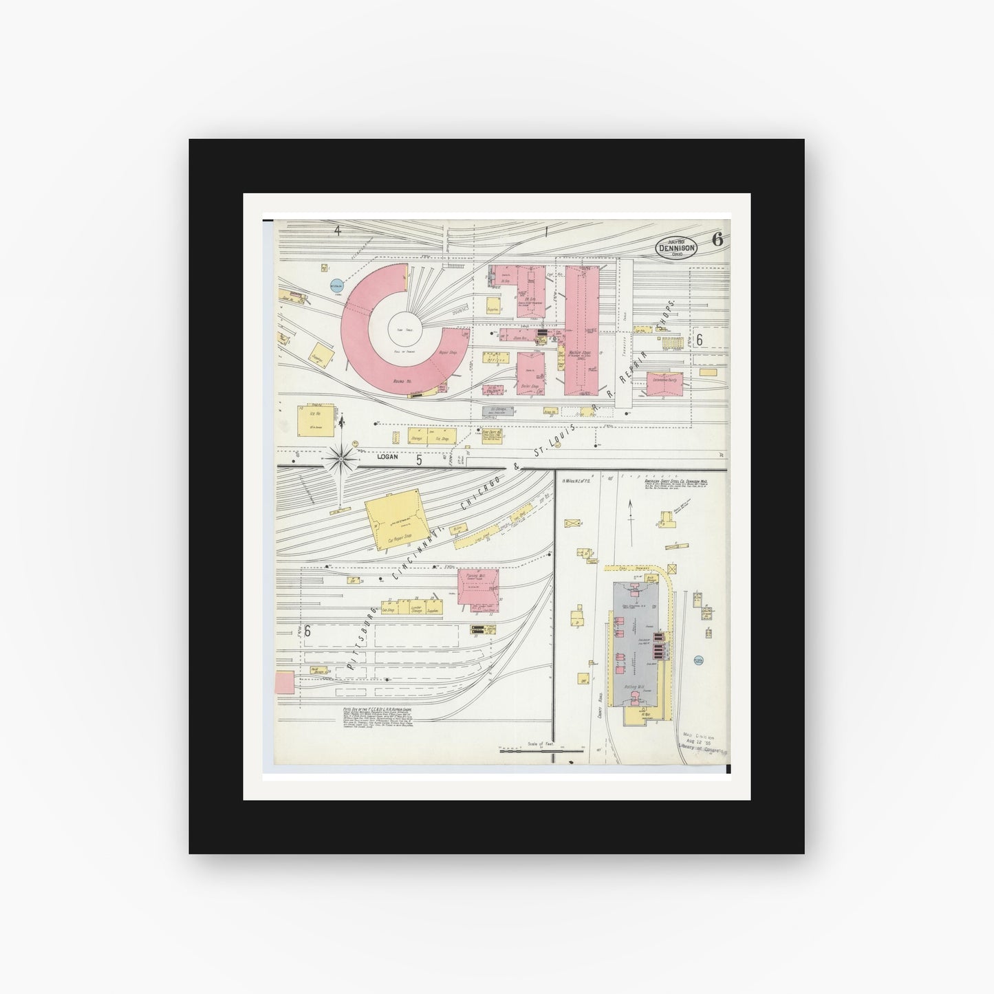 Old map wall art mockup — black gallery frame with white mat — Sanborn Fire Insurance Map from Dennison, Tuscarawas County, Ohio (1901), Sheet #0006