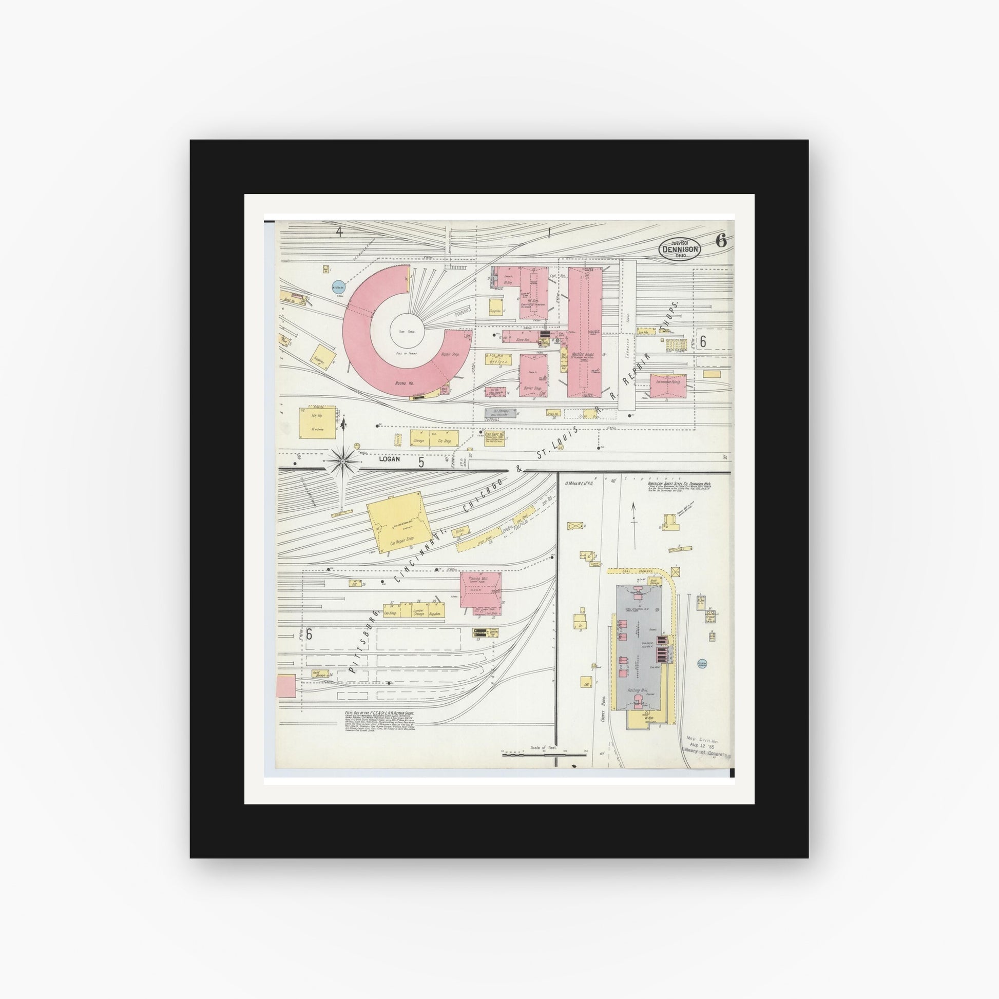 Old map wall art mockup — black gallery frame with white mat — Sanborn Fire Insurance Map from Dennison, Tuscarawas County, Ohio (1901), Sheet #0006