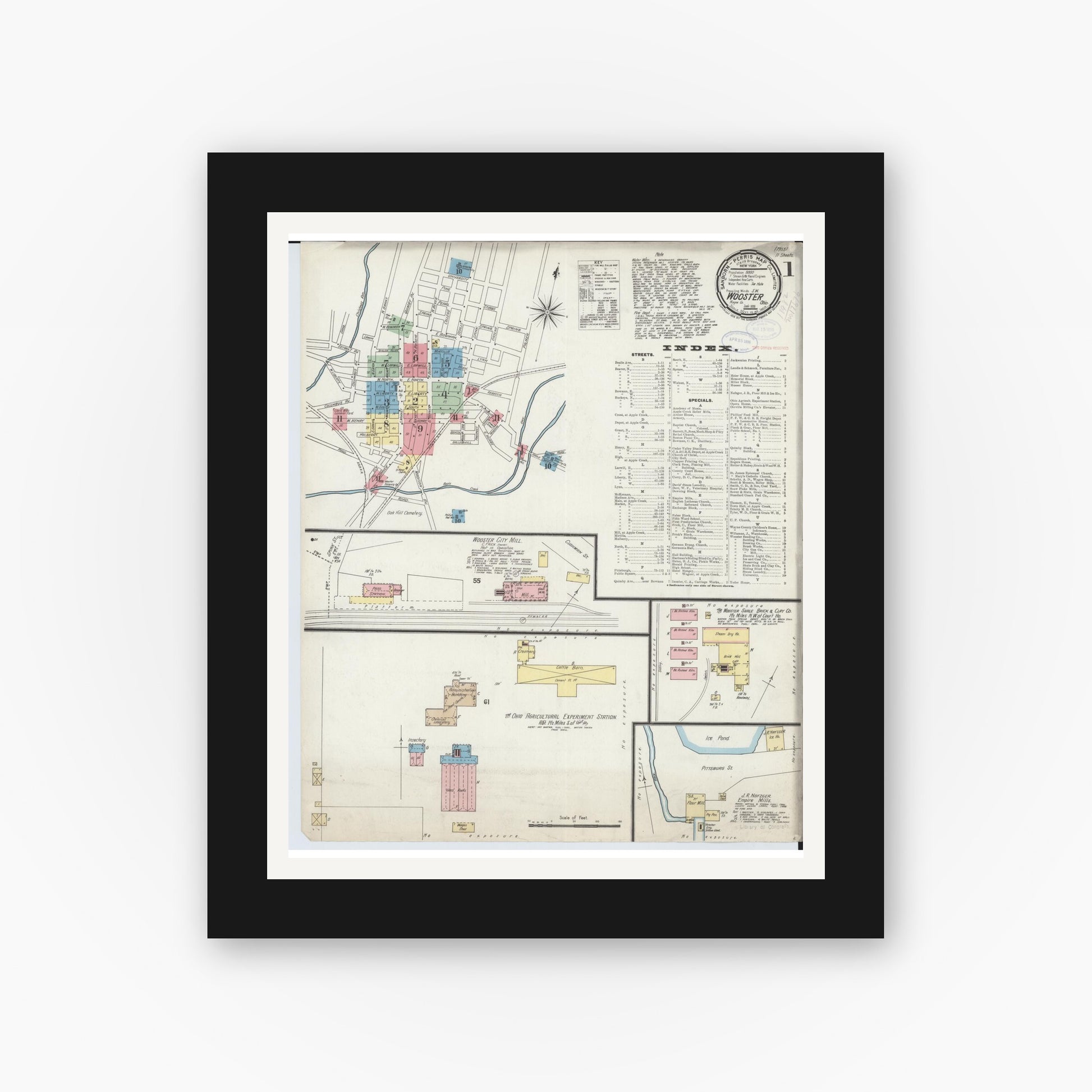 Old map wall art mockup — black gallery frame with white mat — Sanborn Fire Insurance Map from Wooster, Wayne County, Ohio (1898), Sheet #0001