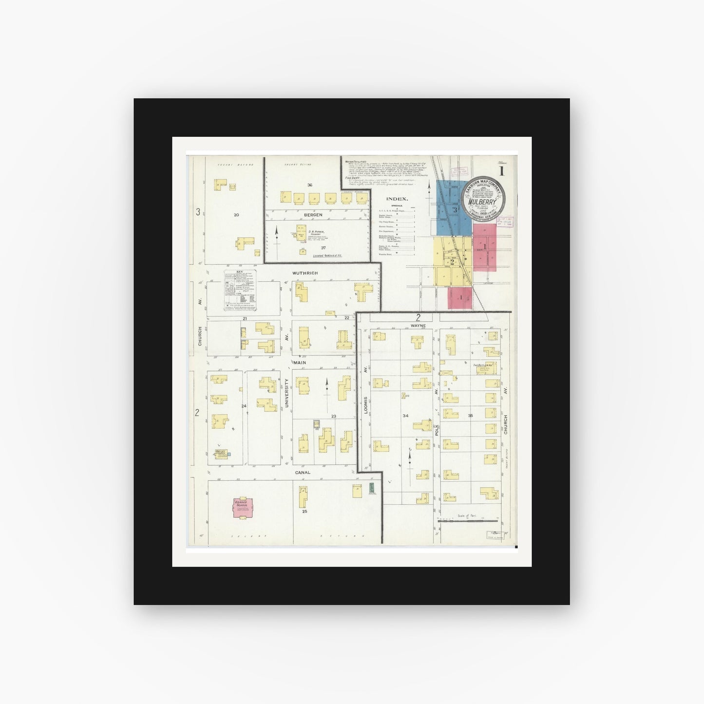 Old map wall art mockup — black gallery frame with white mat — Sanborn Fire Insurance Map from Mulberry, Polk County, Florida (1909), Sheet #0001