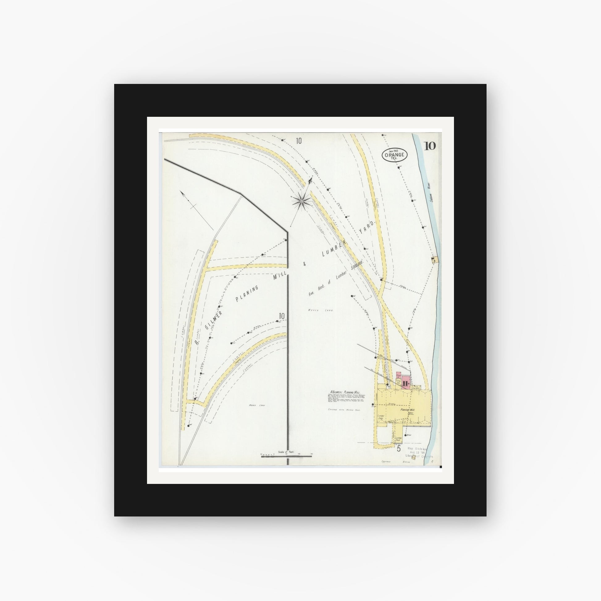Old map wall art mockup — black gallery frame with white mat — Sanborn Fire Insurance Map from Orange, Orange County, Texas (1901), Sheet #0010