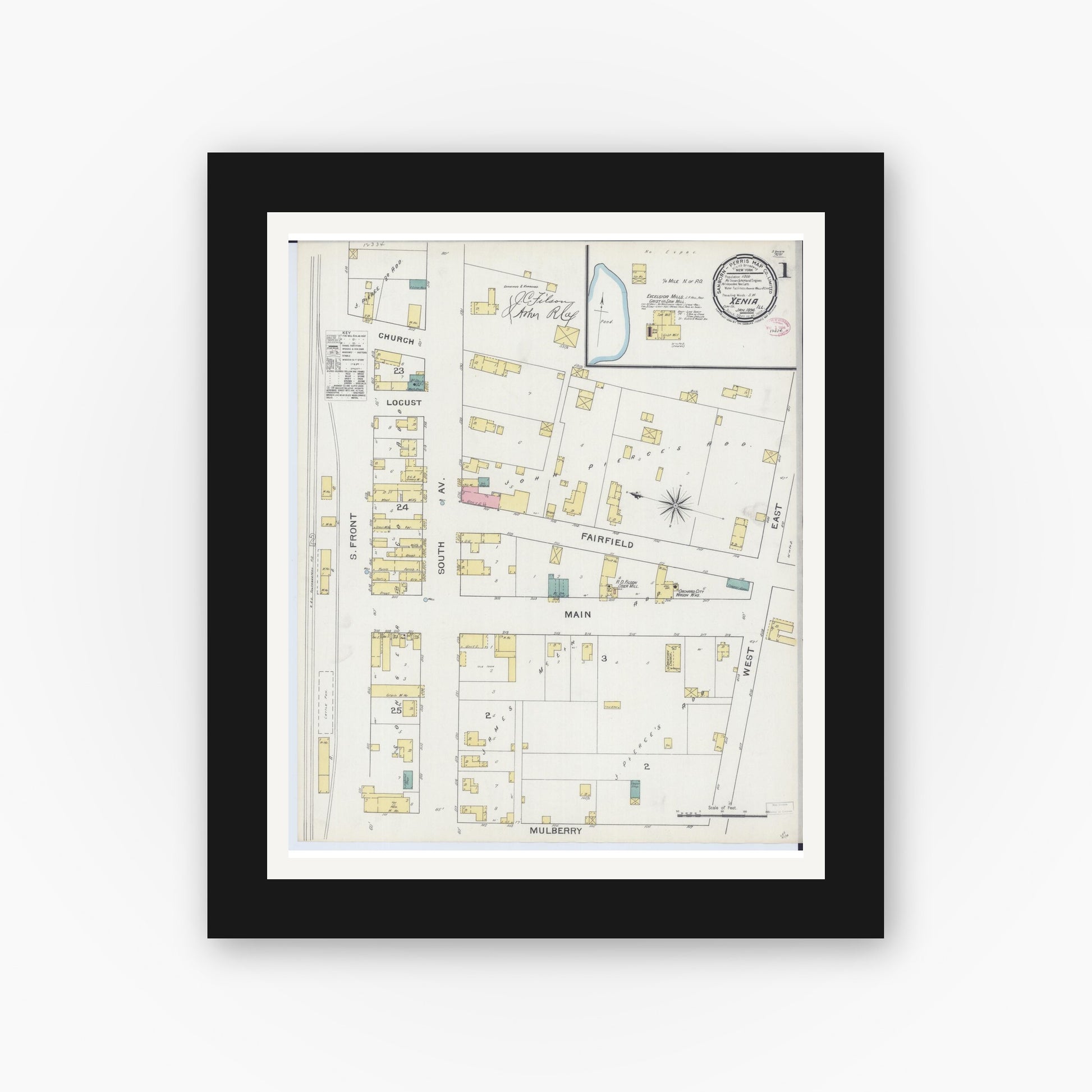 Old map wall art mockup — black gallery frame with white mat — Sanborn Fire Insurance Map from Xenia, Clay County, Illinois (1894) - Complete Map Set