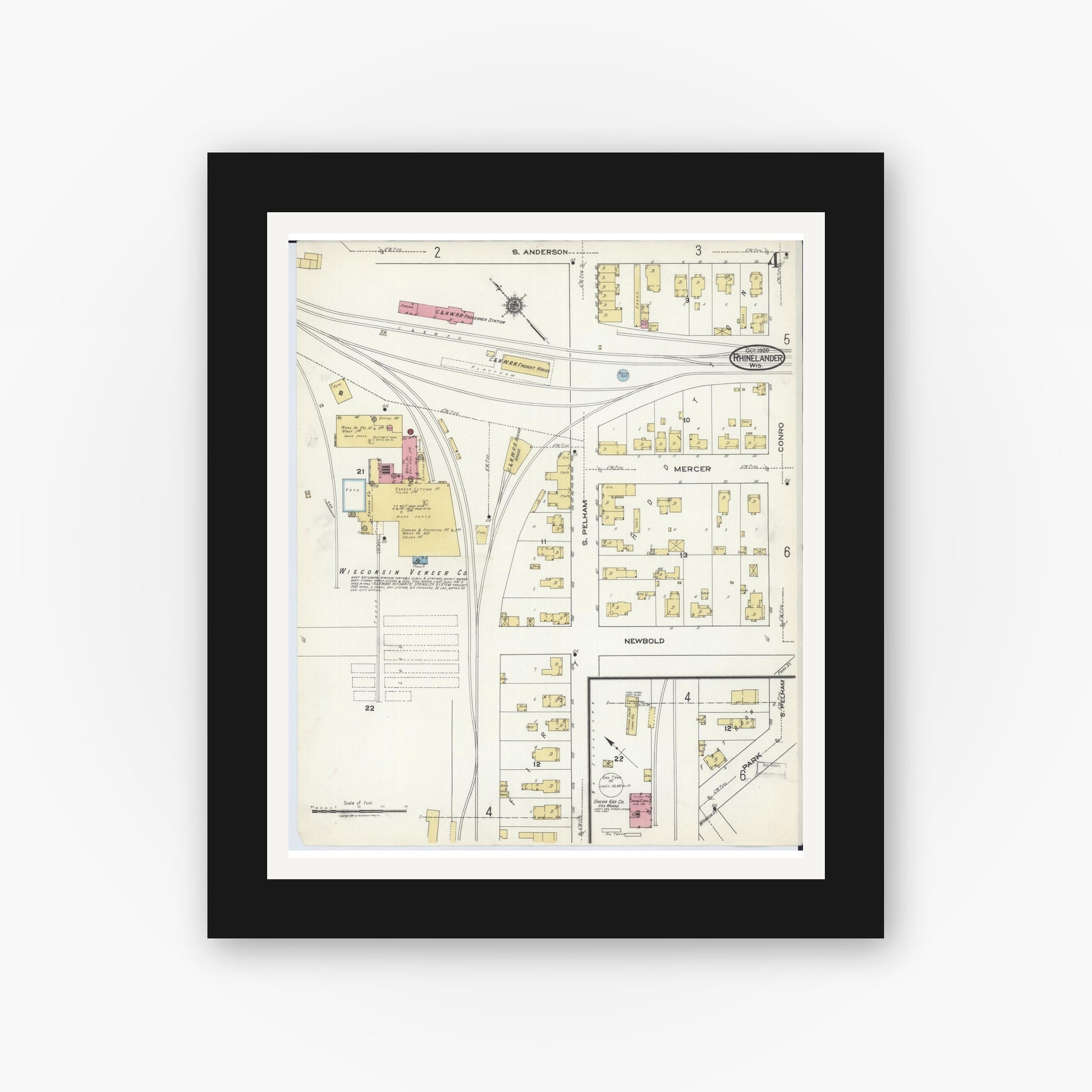 Old map wall art mockup — black gallery frame with white mat — Sanborn Fire Insurance Map from Rhinelander, Oneida County, Wisconsin (1920), Sheet #0004
