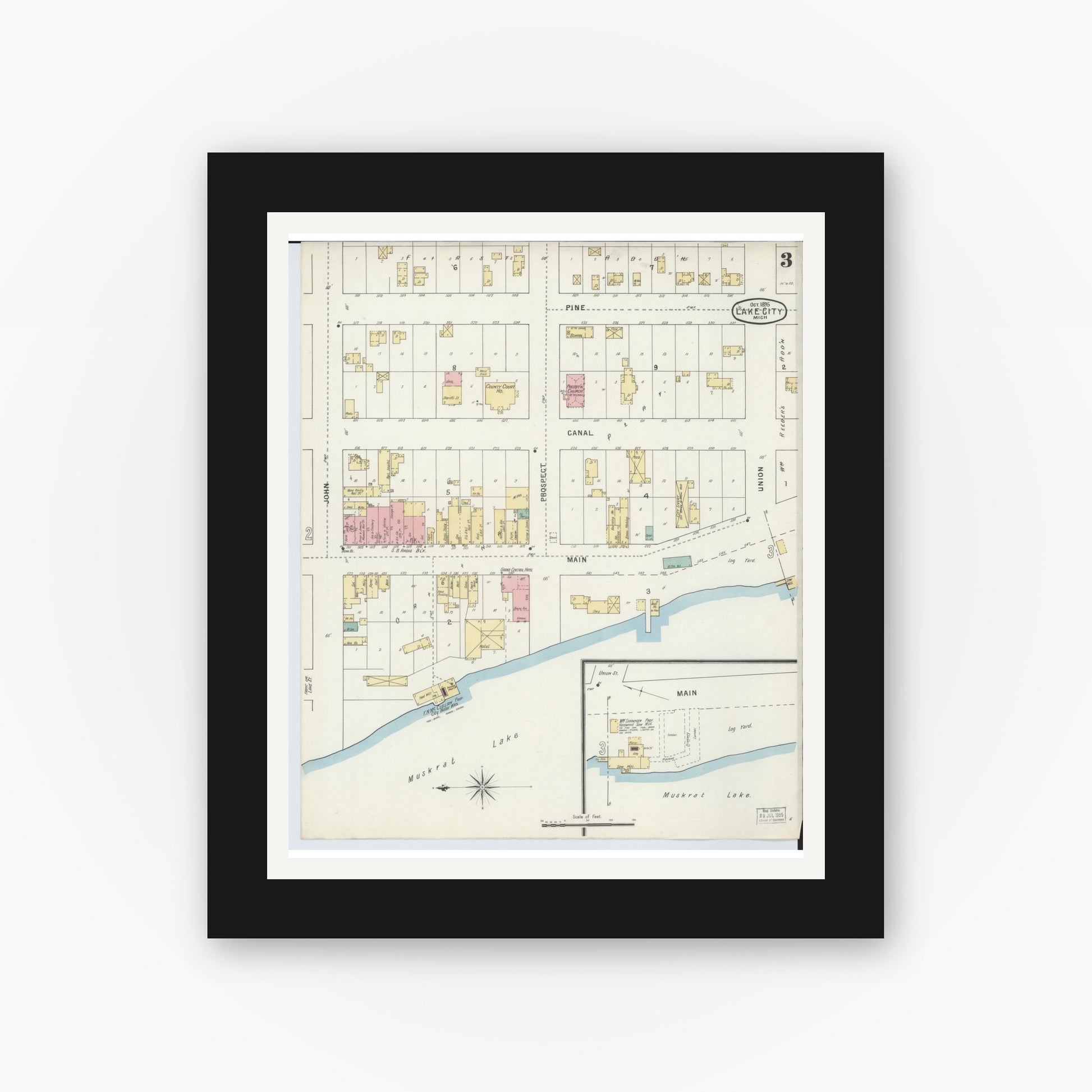 Old map wall art mockup — black gallery frame with white mat — Sanborn Fire Insurance Map from Lake City, Missaukee County, Michigan (1895), Sheet #0003