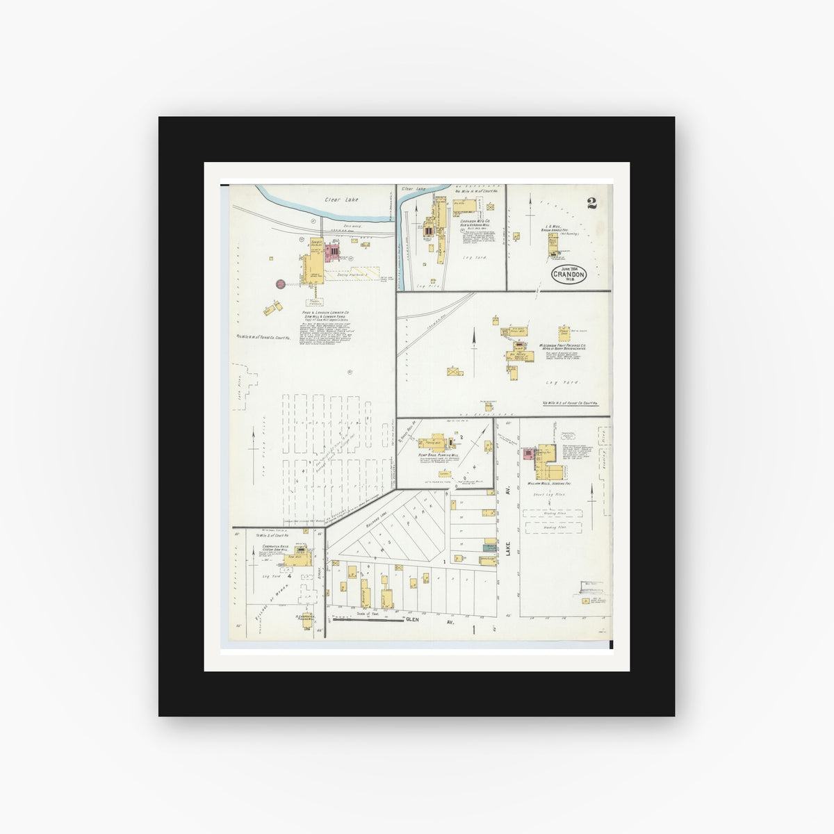 Old map wall art mockup — black gallery frame with white mat — Sanborn Fire Insurance Map from Crandon, Forest County, Wisconsin (1904), Sheet #0002